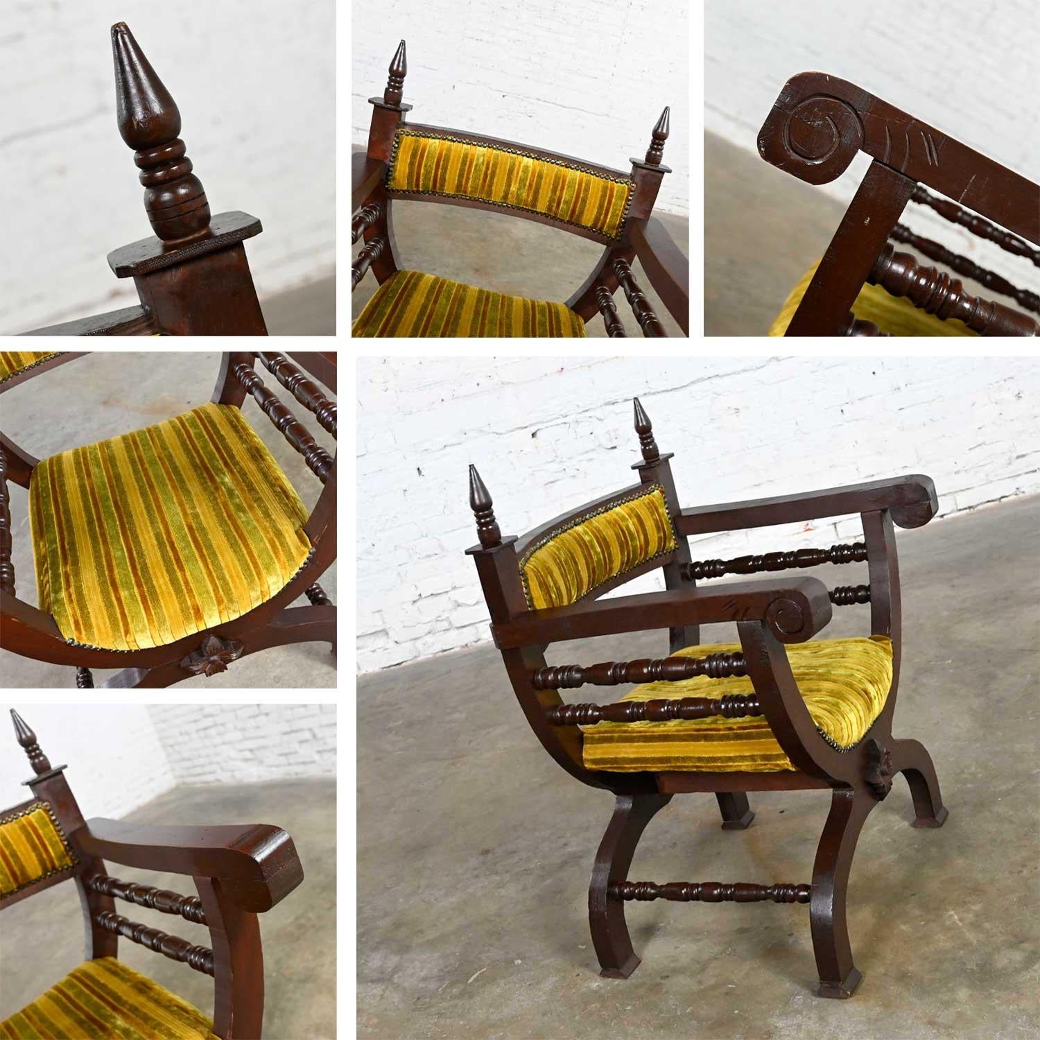 Vintage Spanish Revival Savonarola Curule Chair Striped Velvety Chenille Fabric For Sale 1