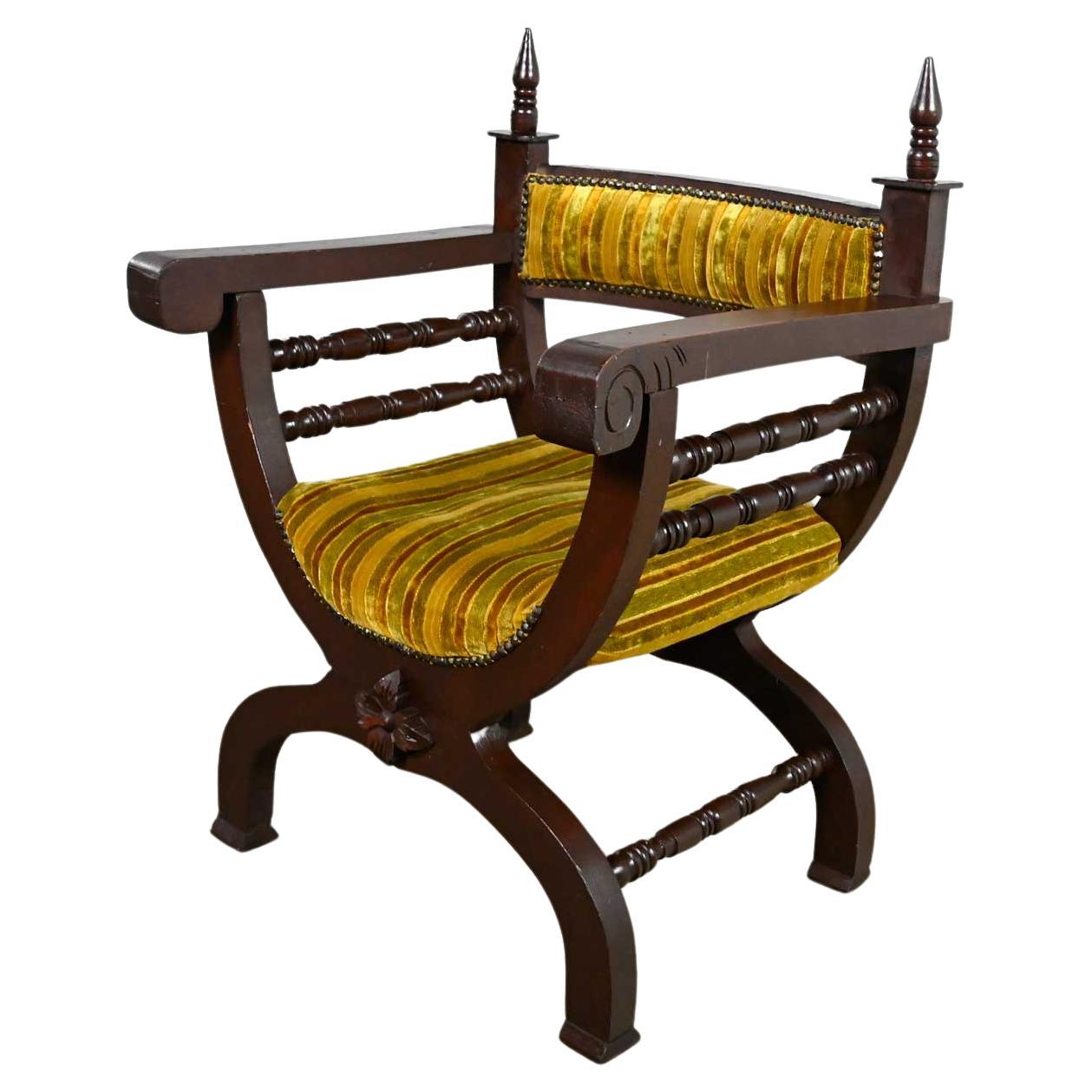 Vintage Spanish Revival Savonarola Curule Chair Striped Velvety Chenille Fabric For Sale