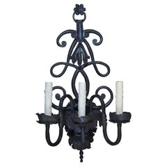 Retro Spanish Revival Scrolled Iron 3 Arm Candelabra Candlestick Wall Sconce L