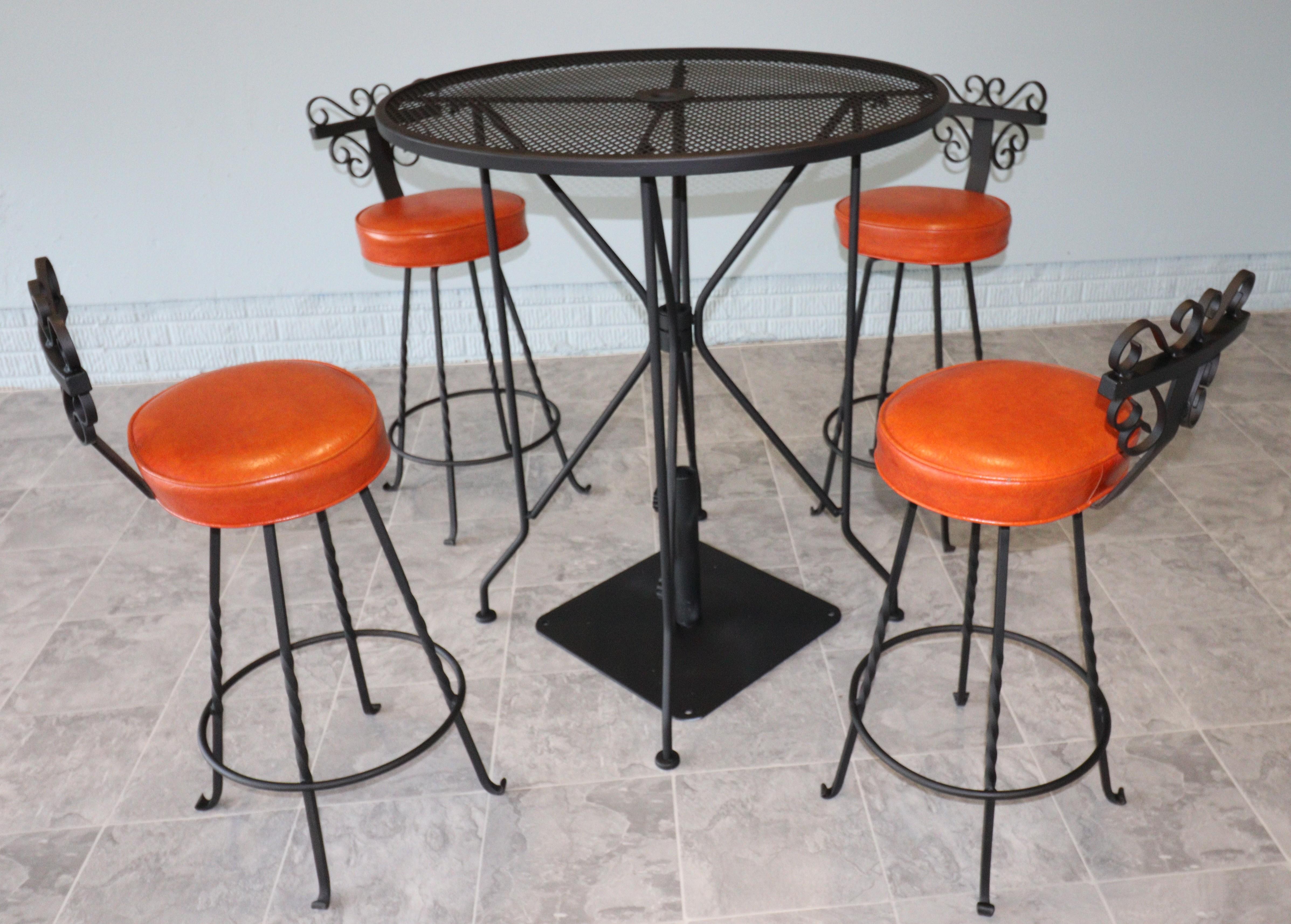 Vintage Spanish Revival Wrought Iron Swivel Bar Stool Set-Burnt Orange Vinyl For Sale 3