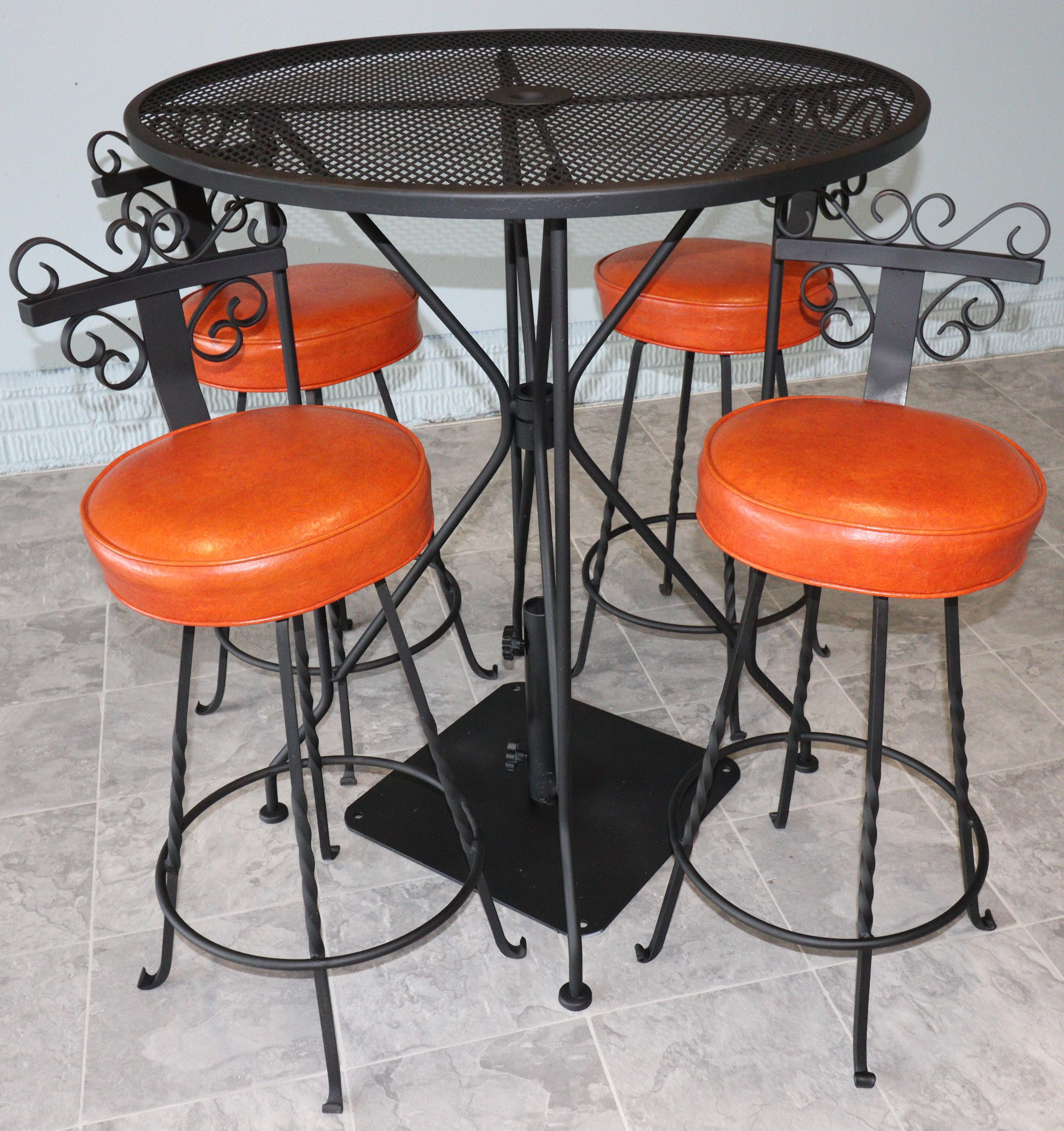 Vintage Spanish Revival Wrought Iron Swivel Bar Stool Set-Burnt Orange Vinyl For Sale 4
