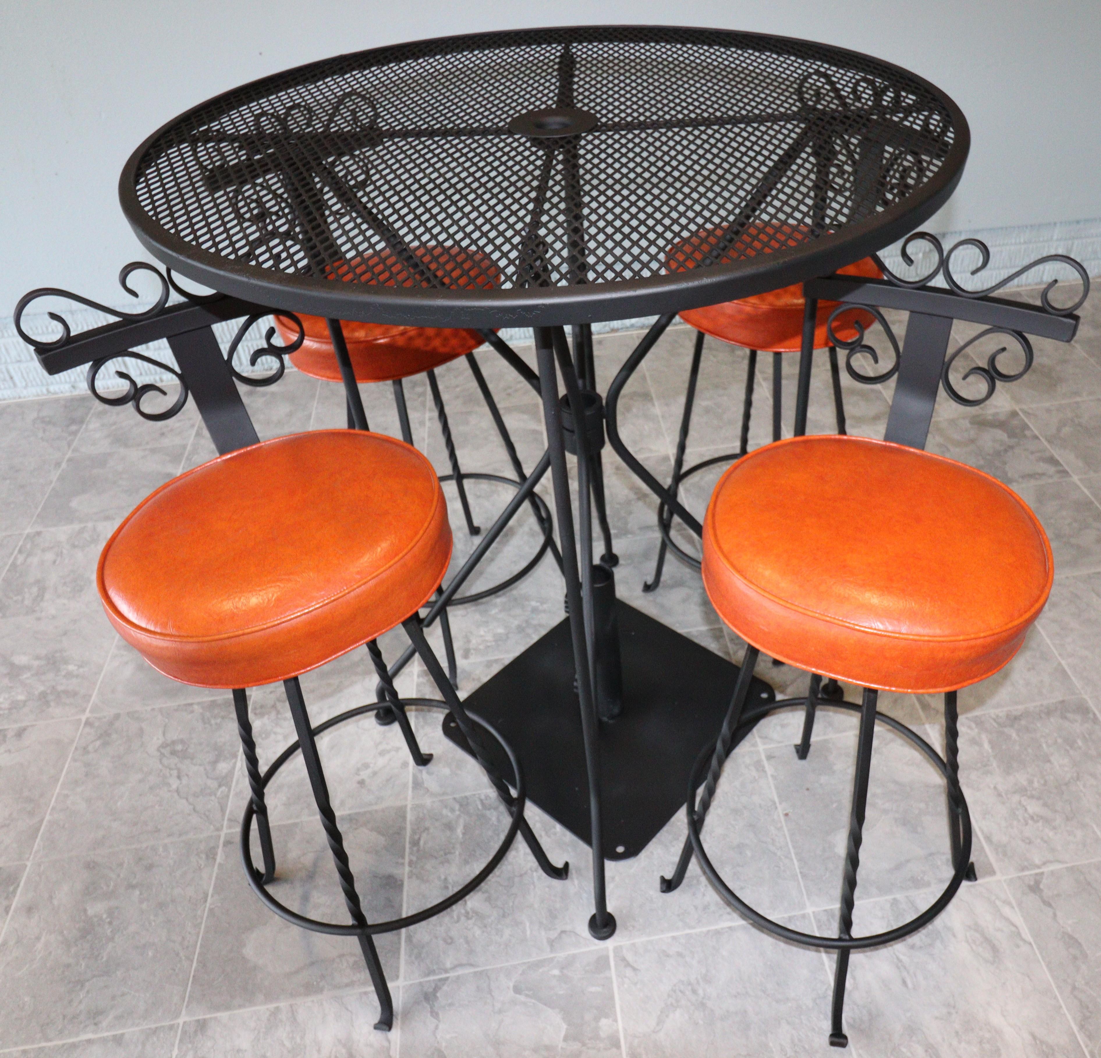 Vintage Spanish Revival Wrought Iron Swivel Bar Stool Set-Burnt Orange Vinyl For Sale 5