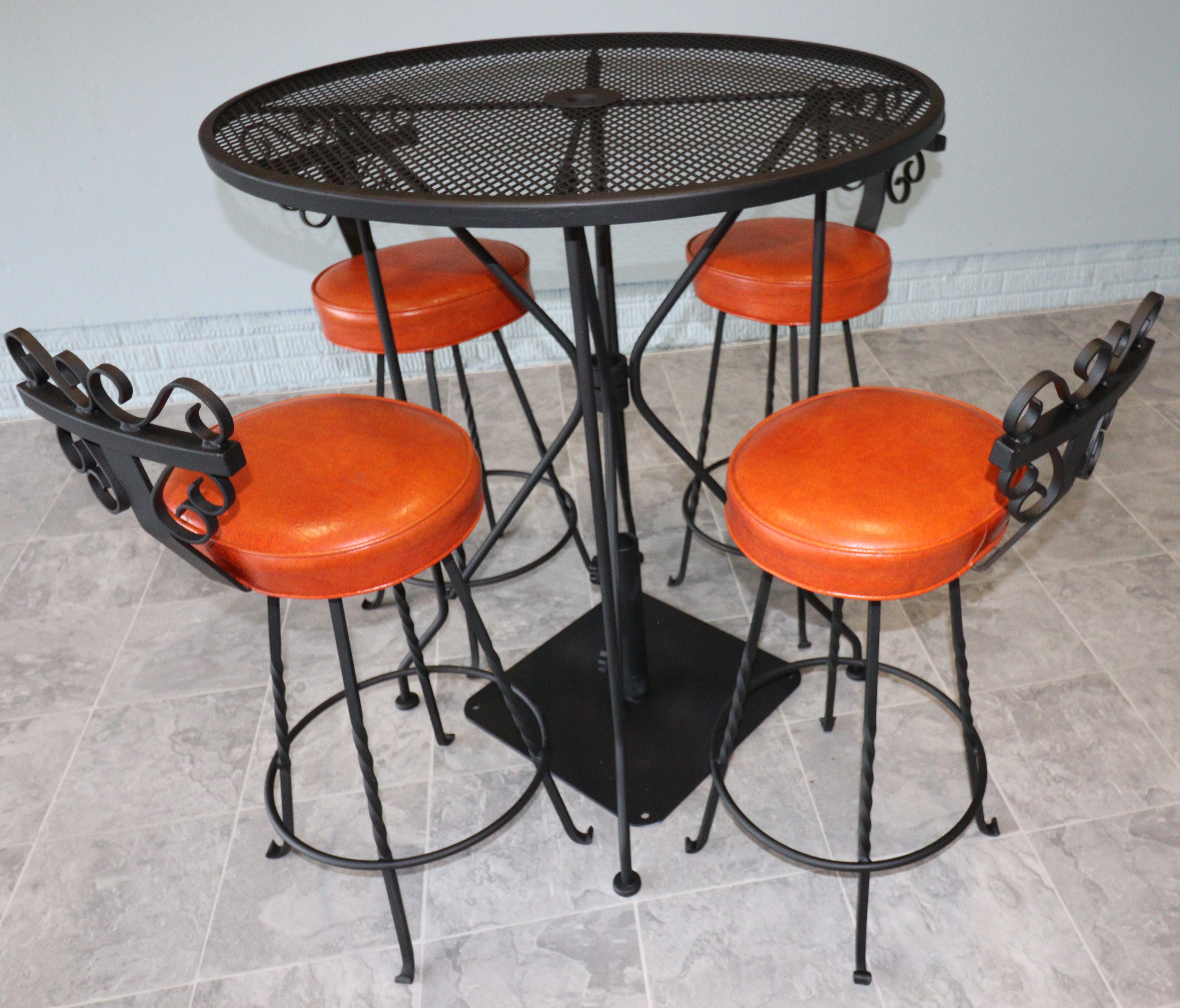 Vintage Spanish Revival Wrought Iron Swivel Bar Stool Set-Burnt Orange Vinyl For Sale 6