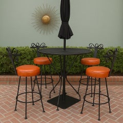 Vintage Spanish Revival Wrought Iron Swivel Bar Stool Set-Burnt Orange Vinyl