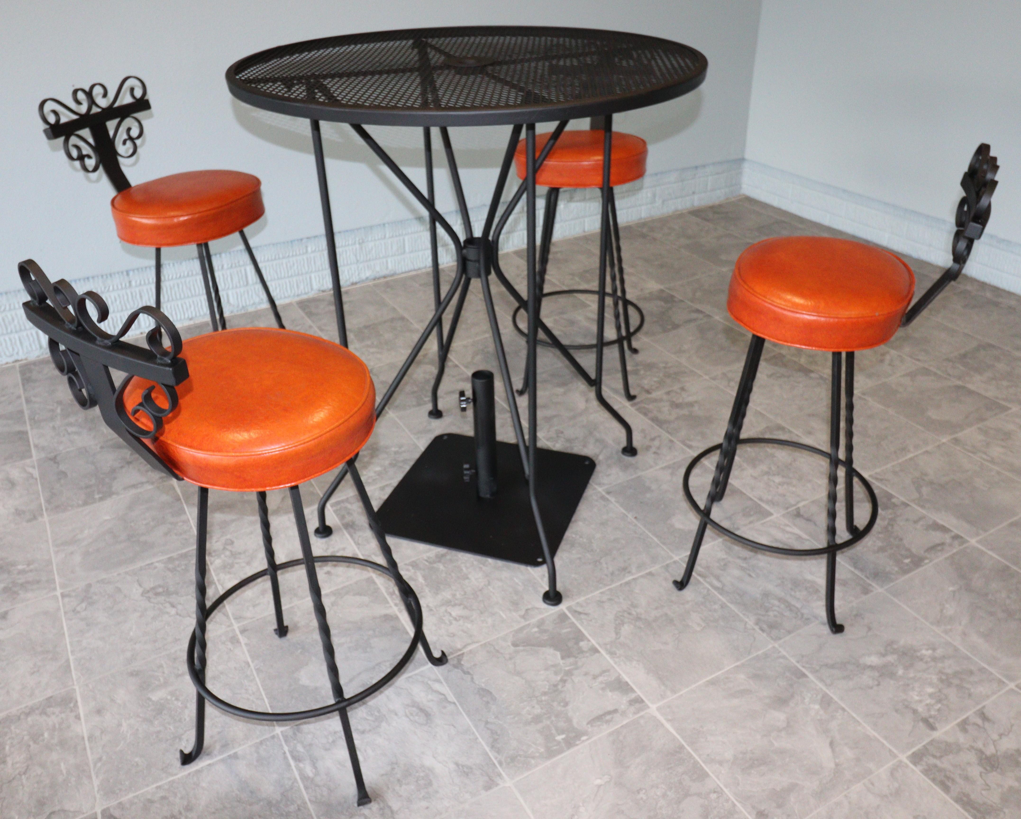 Hollywood Regency Vintage Spanish Revival Wrought Iron Swivel Bar Stool Set-Burnt Orange Vinyl For Sale