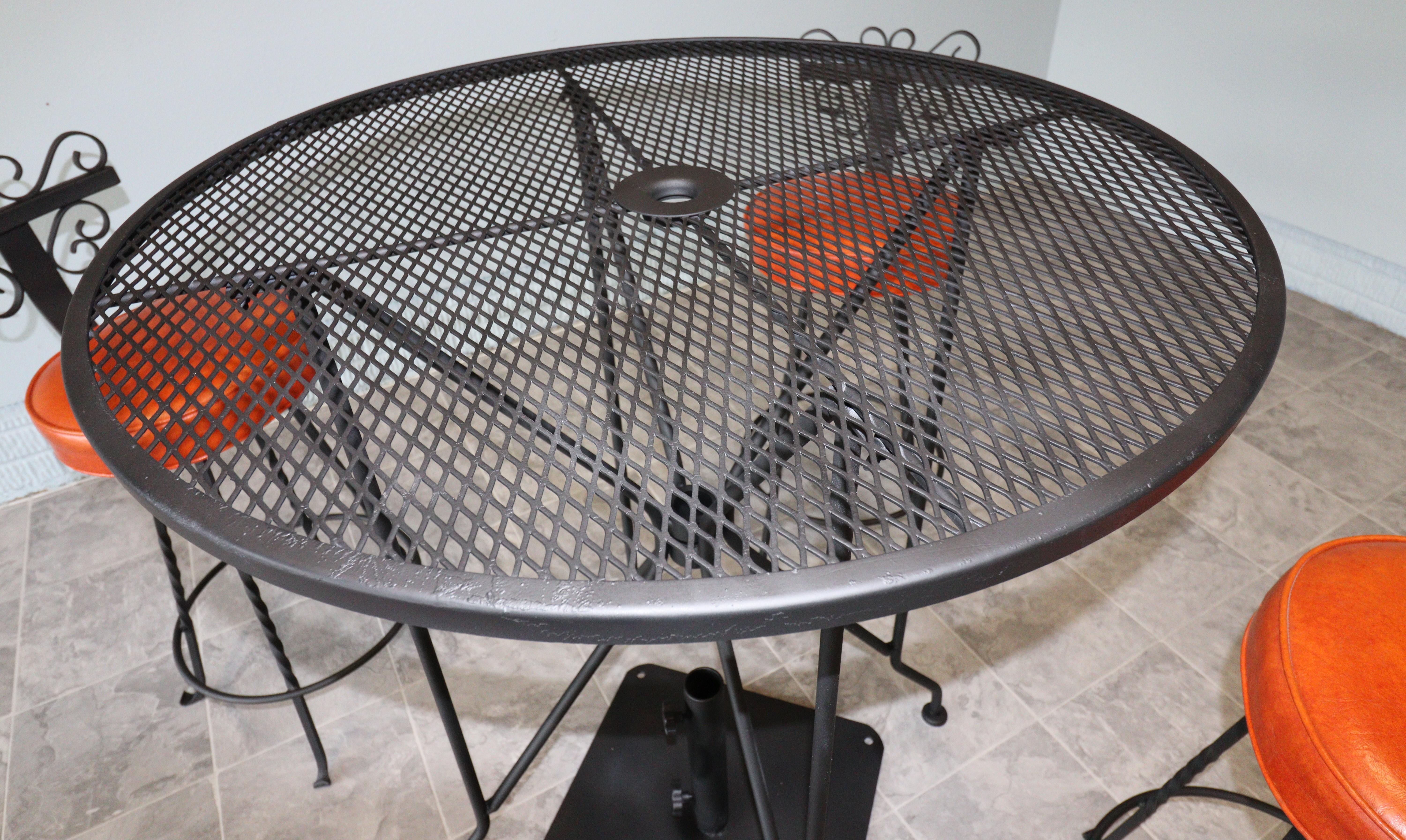 American Vintage Spanish Revival Wrought Iron Swivel Bar Stool Set-Burnt Orange Vinyl For Sale