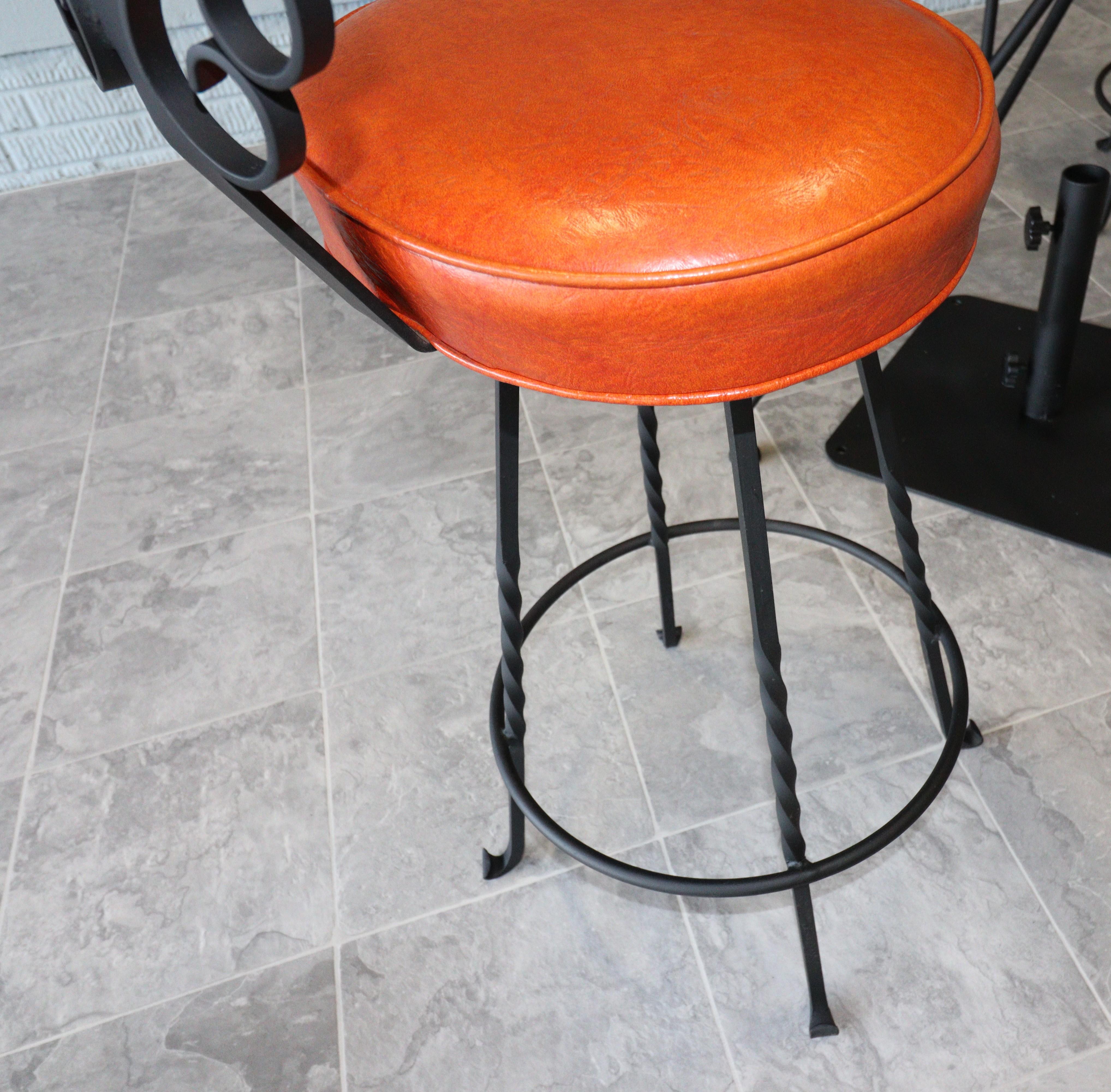 Welded Vintage Spanish Revival Wrought Iron Swivel Bar Stool Set-Burnt Orange Vinyl For Sale