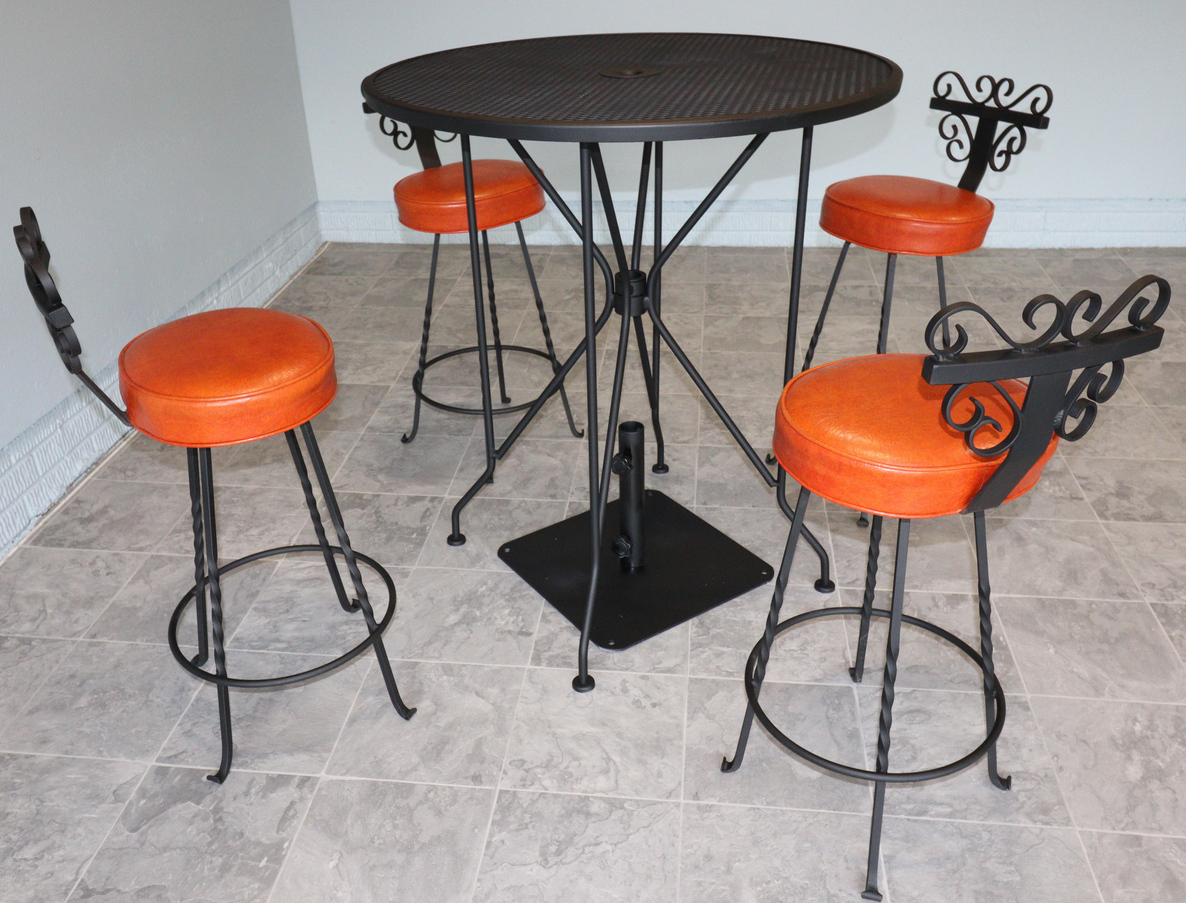 Vintage Spanish Revival Wrought Iron Swivel Bar Stool Set-Burnt Orange Vinyl For Sale 1