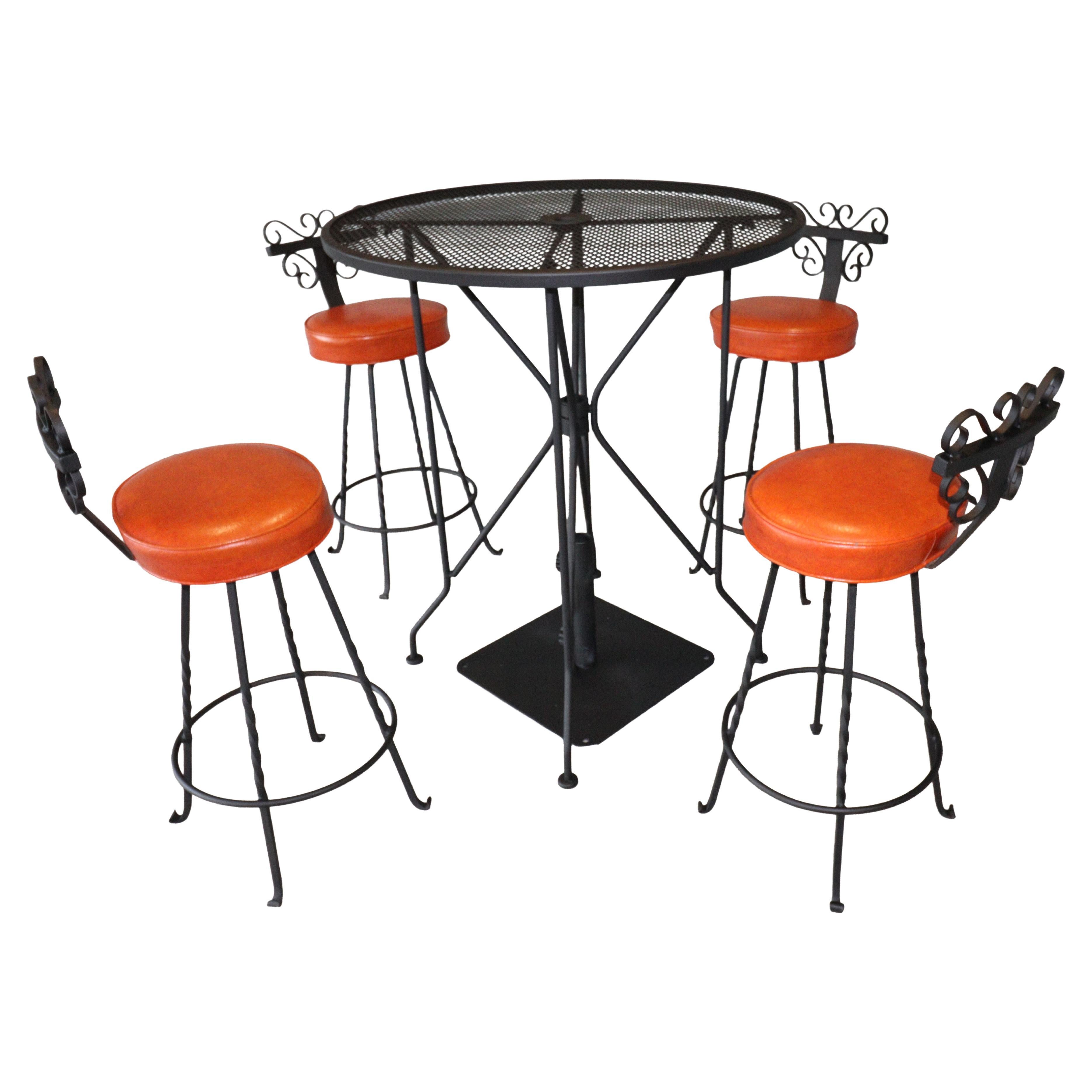 Vintage Spanish Revival Wrought Iron Swivel Bar Stool Set-Burnt Orange Vinyl For Sale