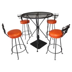 Vintage Spanish Revival Wrought Iron Swivel Bar Stool Set-Burnt Orange Vinyl
