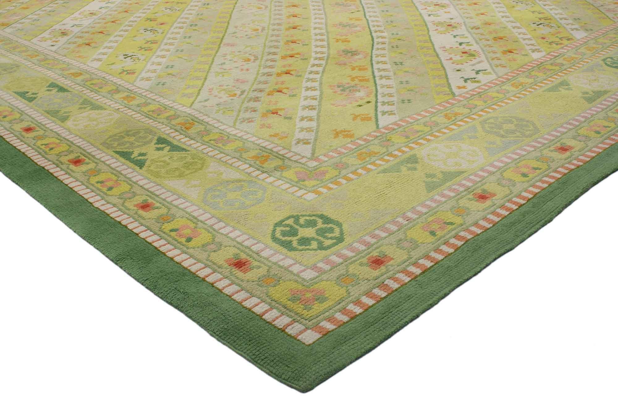 76742 Vintage Cuenca Spanish Rug, 12’01 x 14’11. Hand-knotted Spanish Cuenca rugs are luxurious, intricately designed rugs that originate from the city of Cuenca, Spain. These rugs are crafted through a meticulous process where skilled artisans