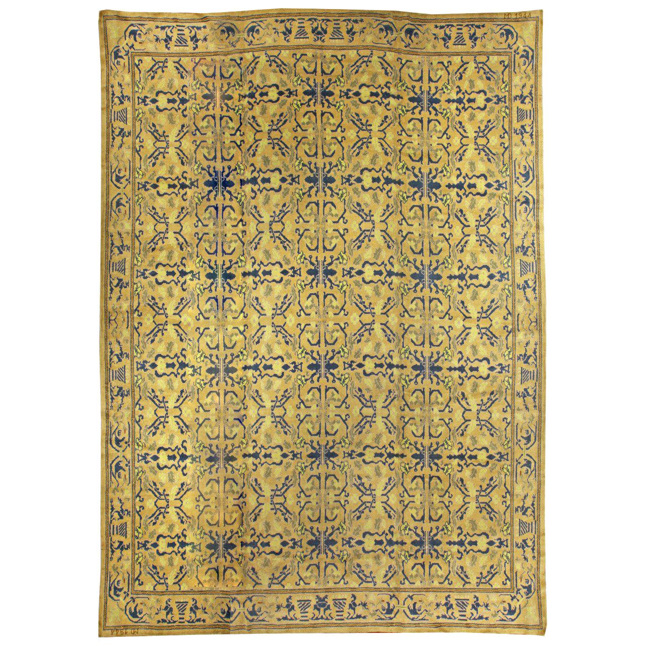 Vintage Spanish Yellow and Blue Handmade Wool Rug