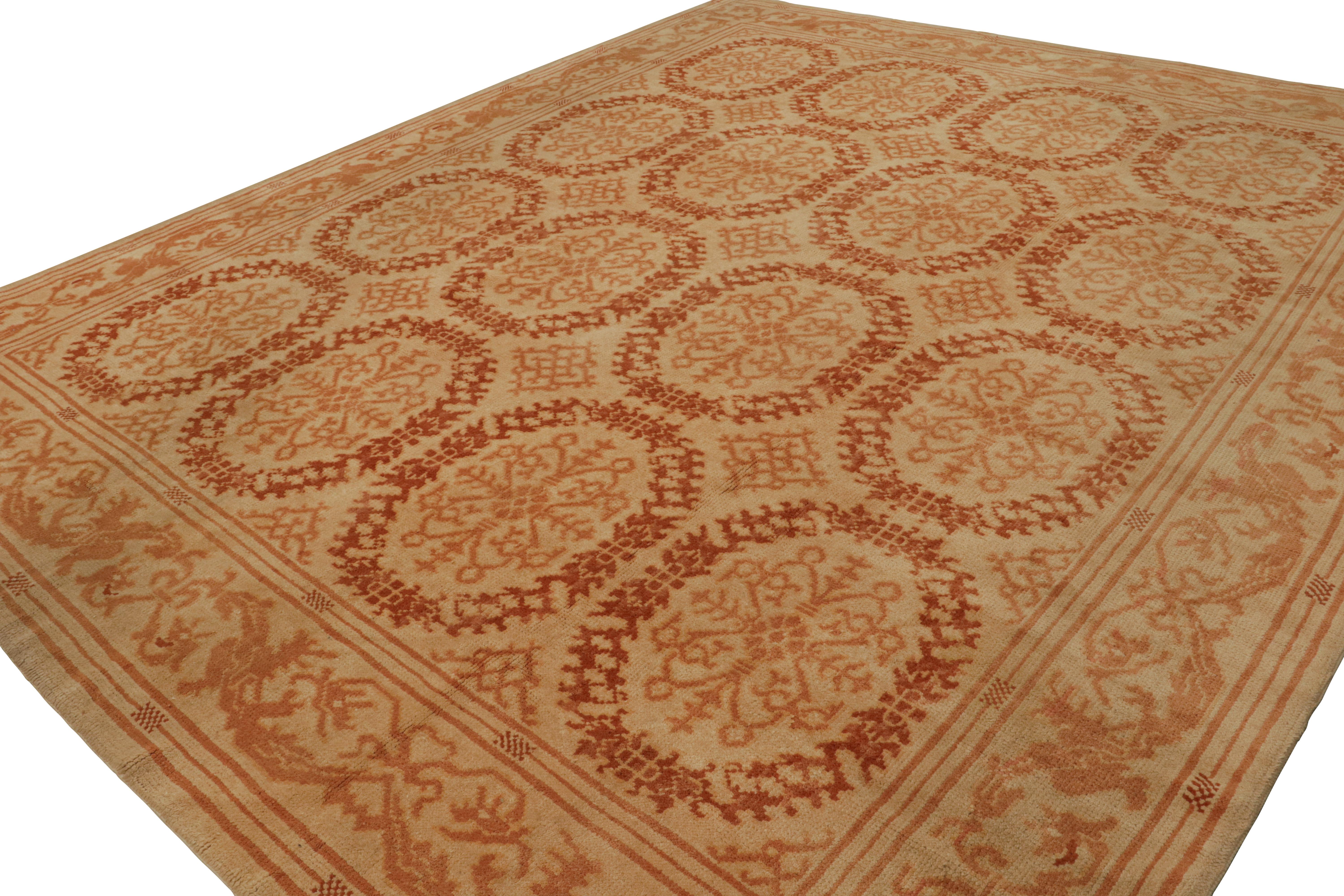 Hand Knotted in wool, this 12x14 European rug with a mediterranean warmth in its beige and red colorway in the medallions and the field, has been inspired by the old world Spanish architectural style. 

On the Design: 

Admirers of the craft may