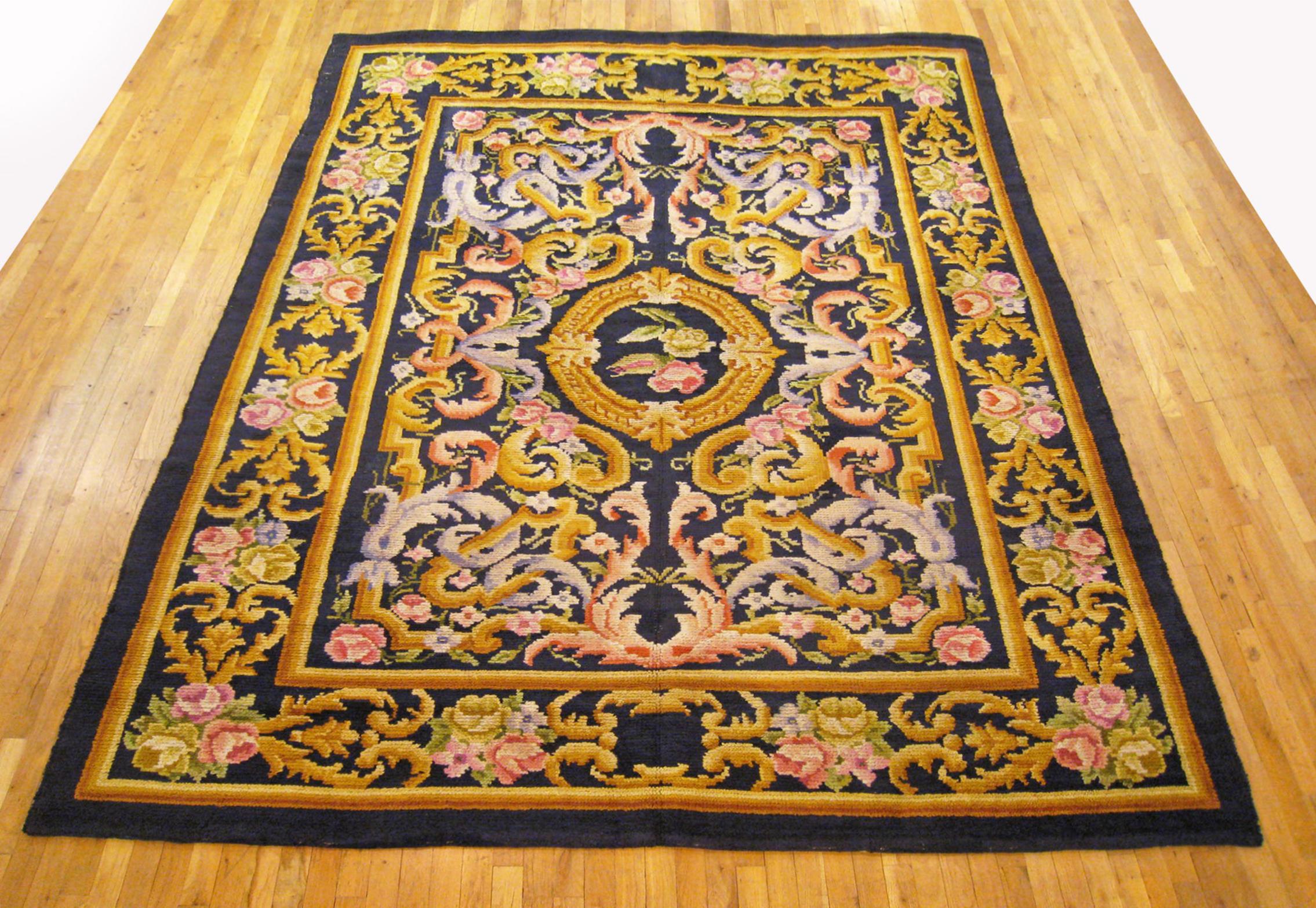 Hand-Knotted Vintage Spanish Savonnerie Rug, in Room Size, W/ Central Medallion For Sale