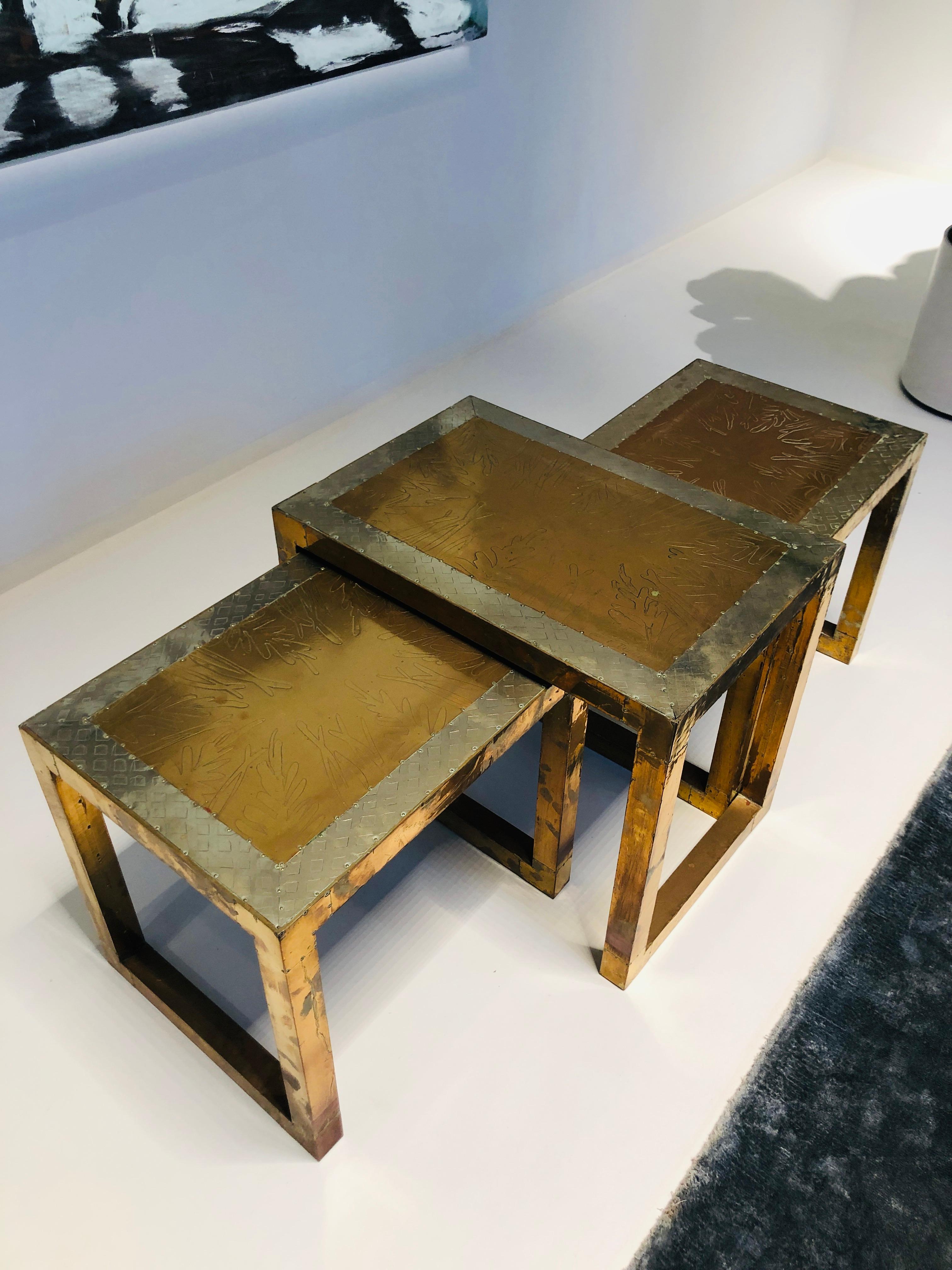 Vintage Spanish Set of Three Golden Metal Sofa Tables Signed by Rudolfo Dubarry For Sale 1