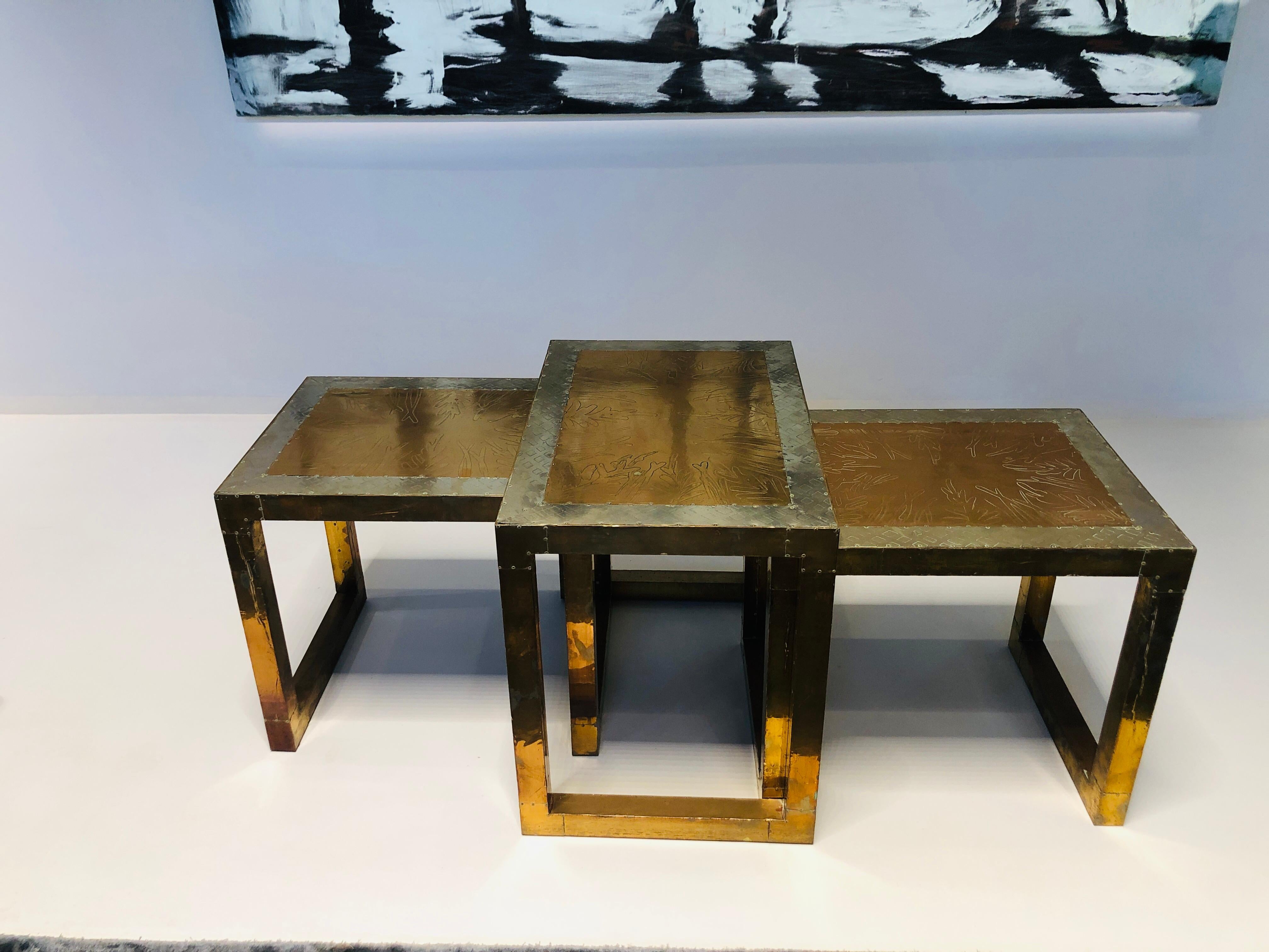 Vintage Spanish Set of Three Golden Metal Sofa Tables Signed by Rudolfo Dubarry For Sale 2