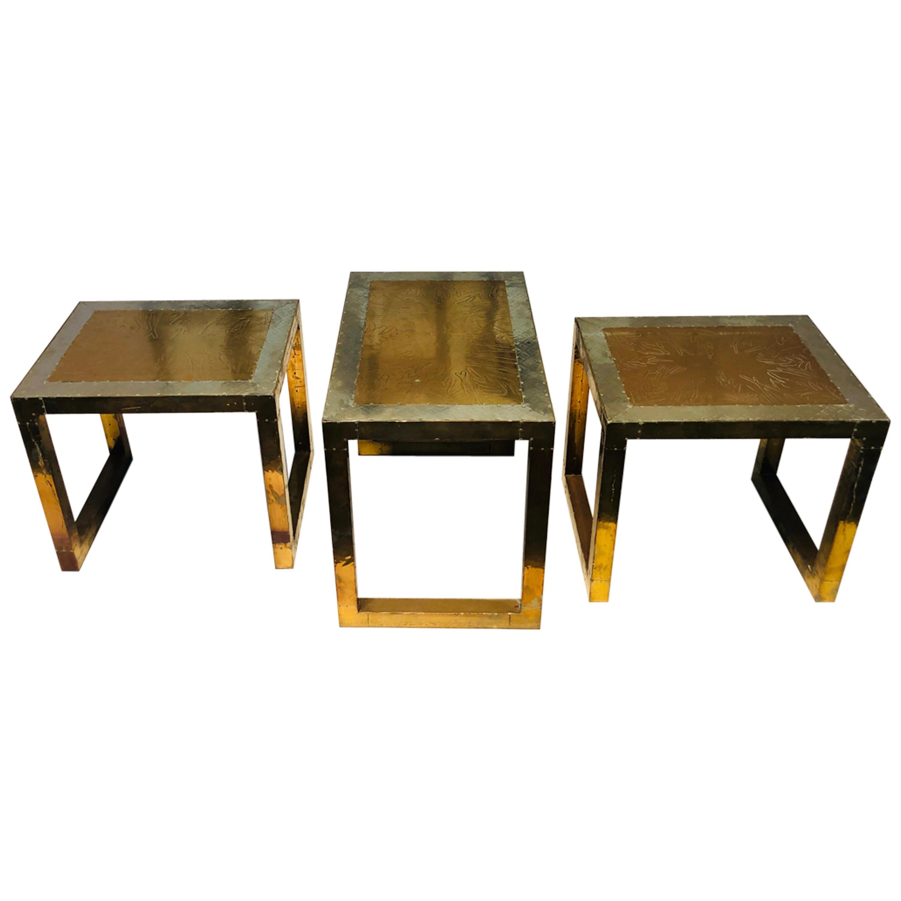 Vintage Spanish Set of Three Golden Metal Sofa Tables Signed by Rudolfo Dubarry