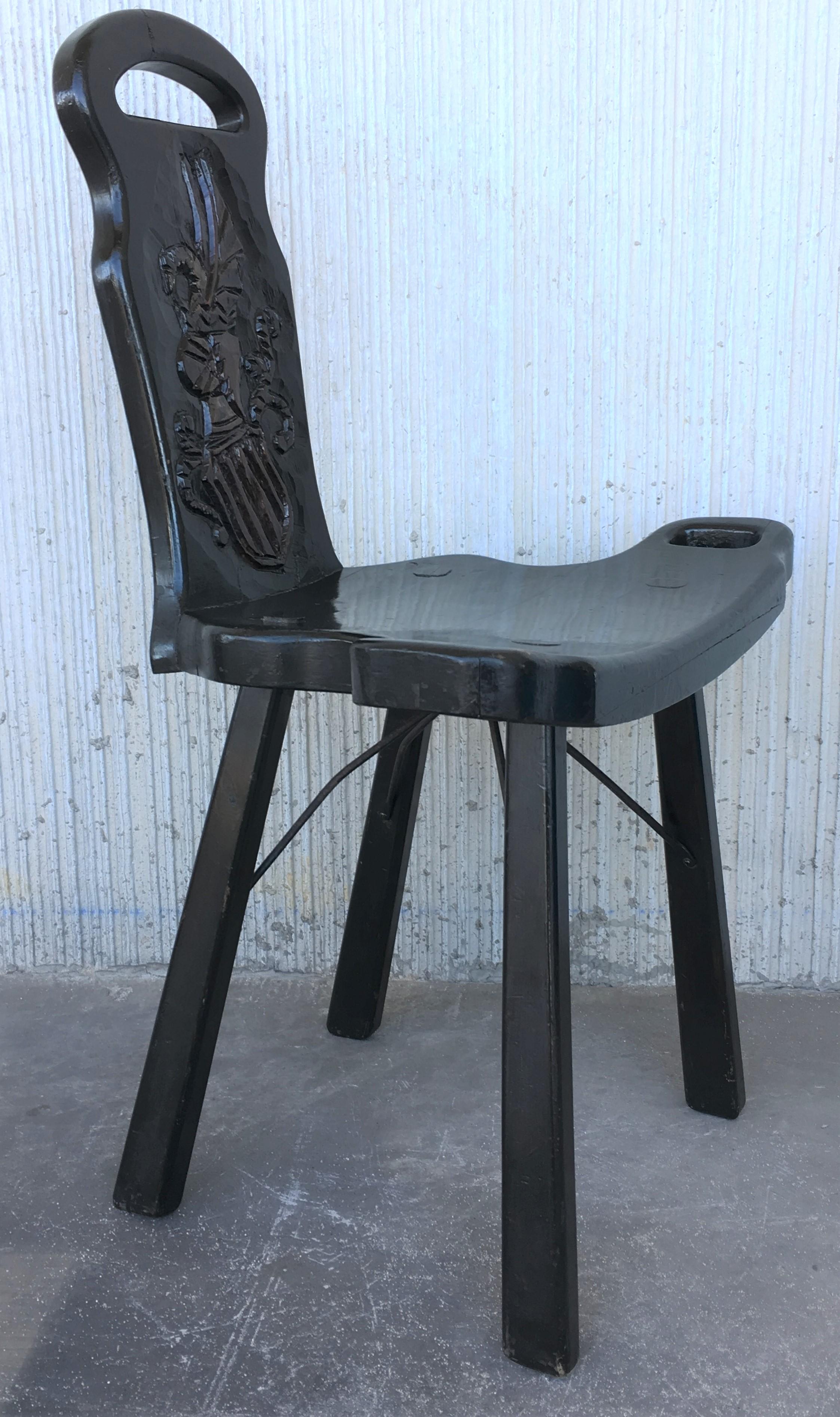 Hand-Carved Vintage Spanish Sgabello Carved Side Chair or Stool For Sale