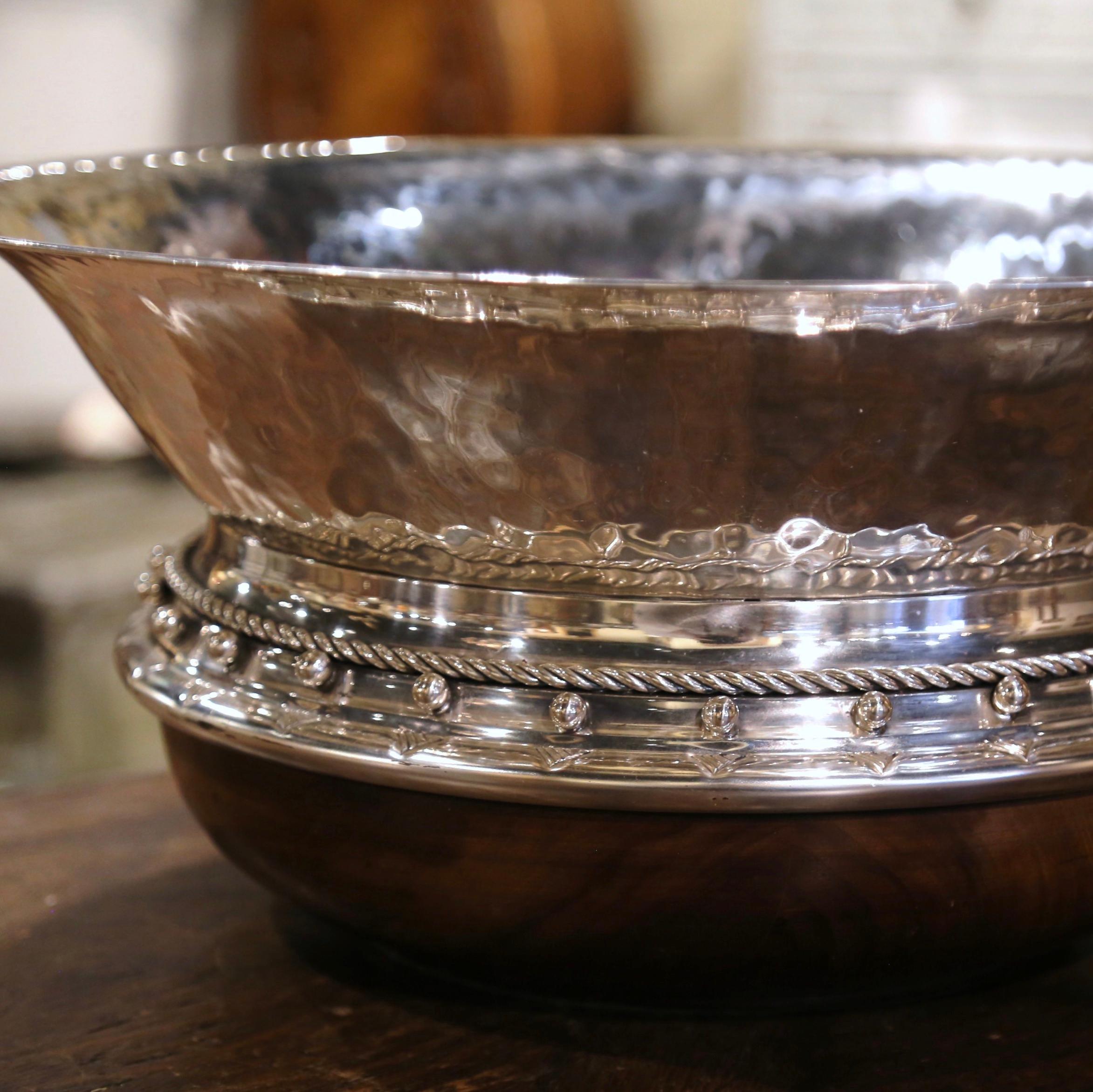 Hand-Crafted Vintage Spanish Silver Plated Center Piece on Walnut Base Stamped Valenti For Sale