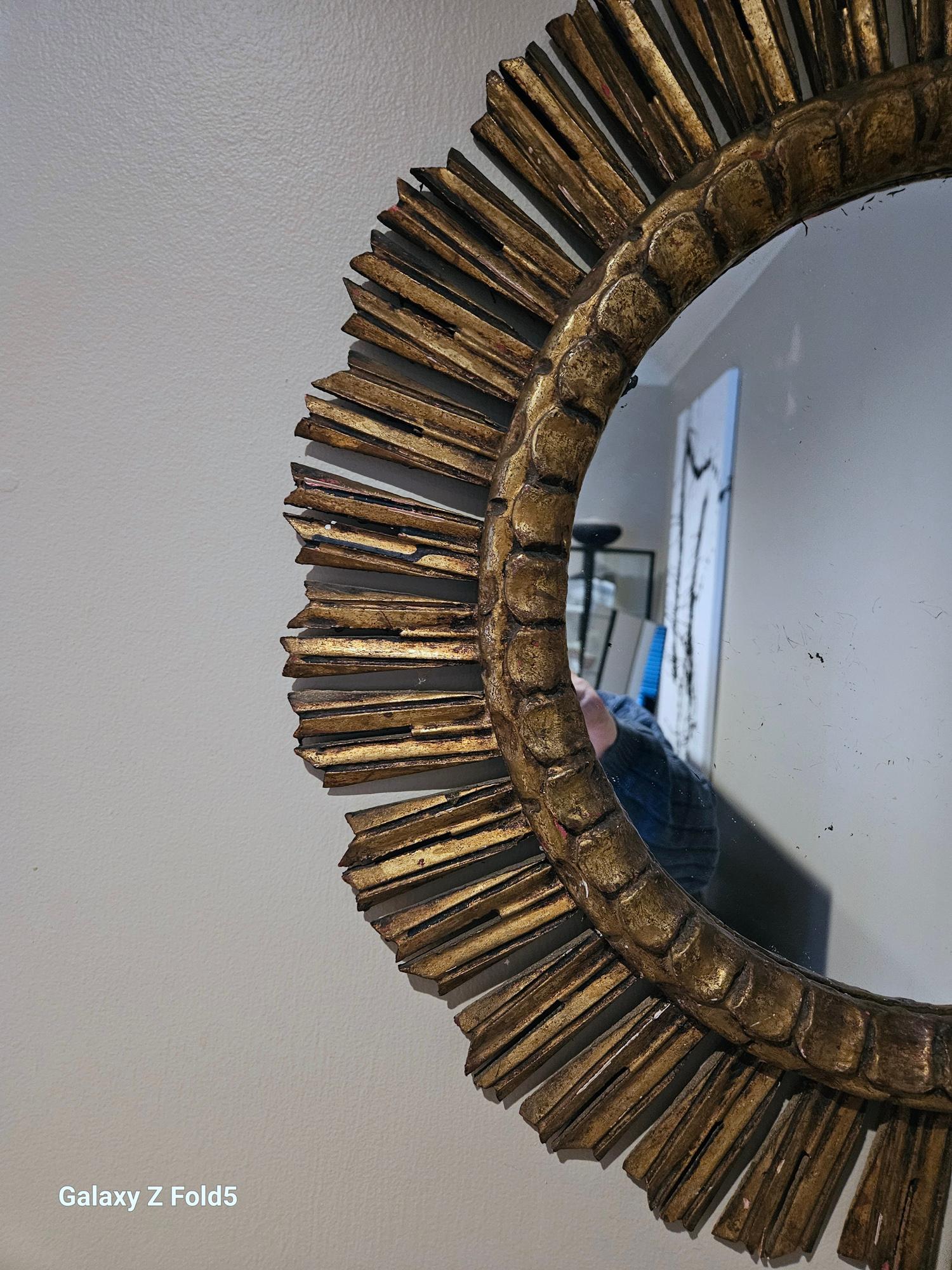 Mid-Century Modern Vintage Spanish Starburst Gilt Wood Mirror For Sale