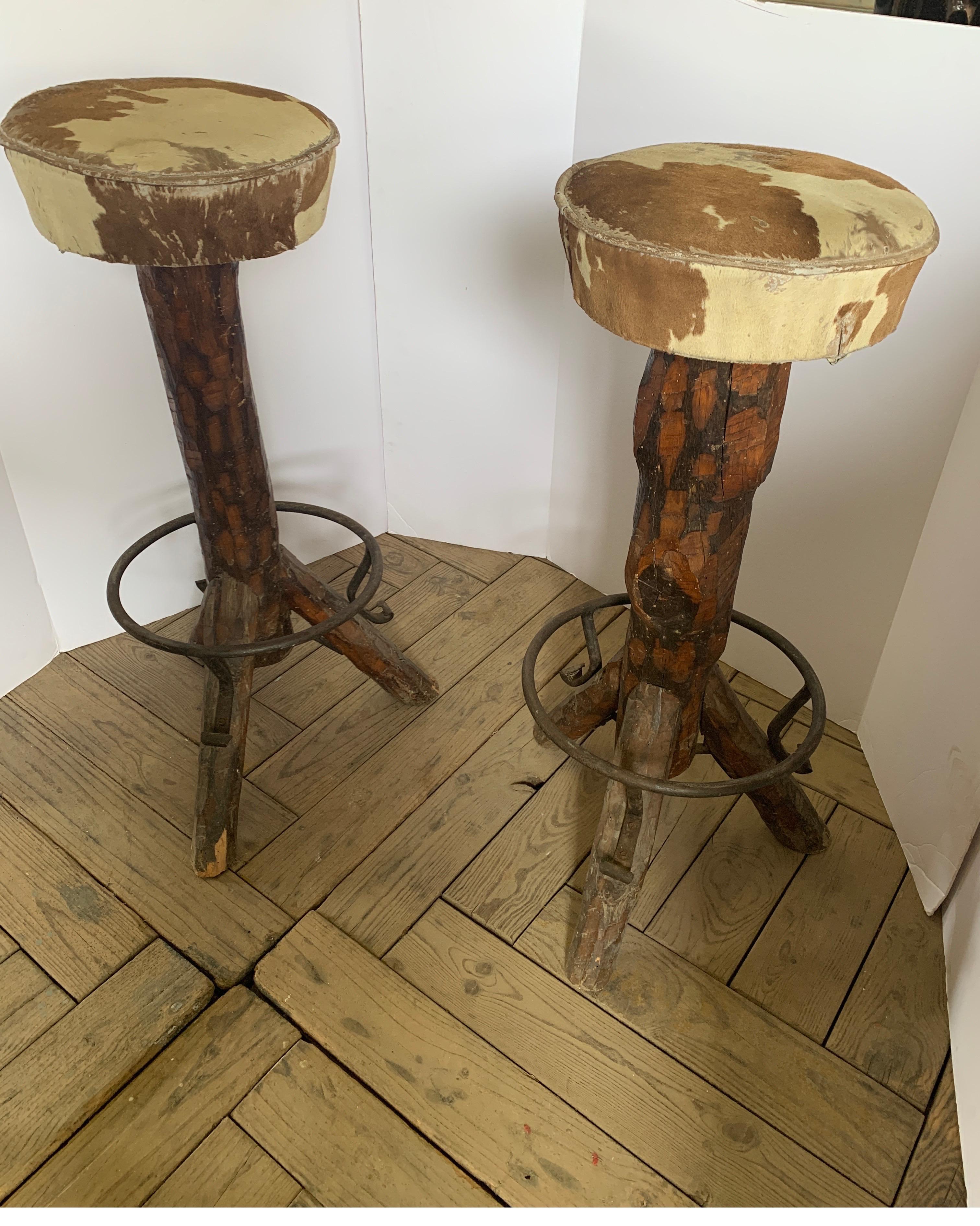 Vintage Spanish Stump Barstools with Cowhide Seats For Sale 5