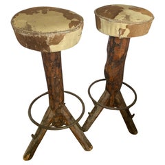 Vintage Spanish Stump Barstools with Cowhide Seats