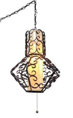 Vintage Spanish Style 1970's Wrought Iron Swag Light Chandelier att. to Umanoff