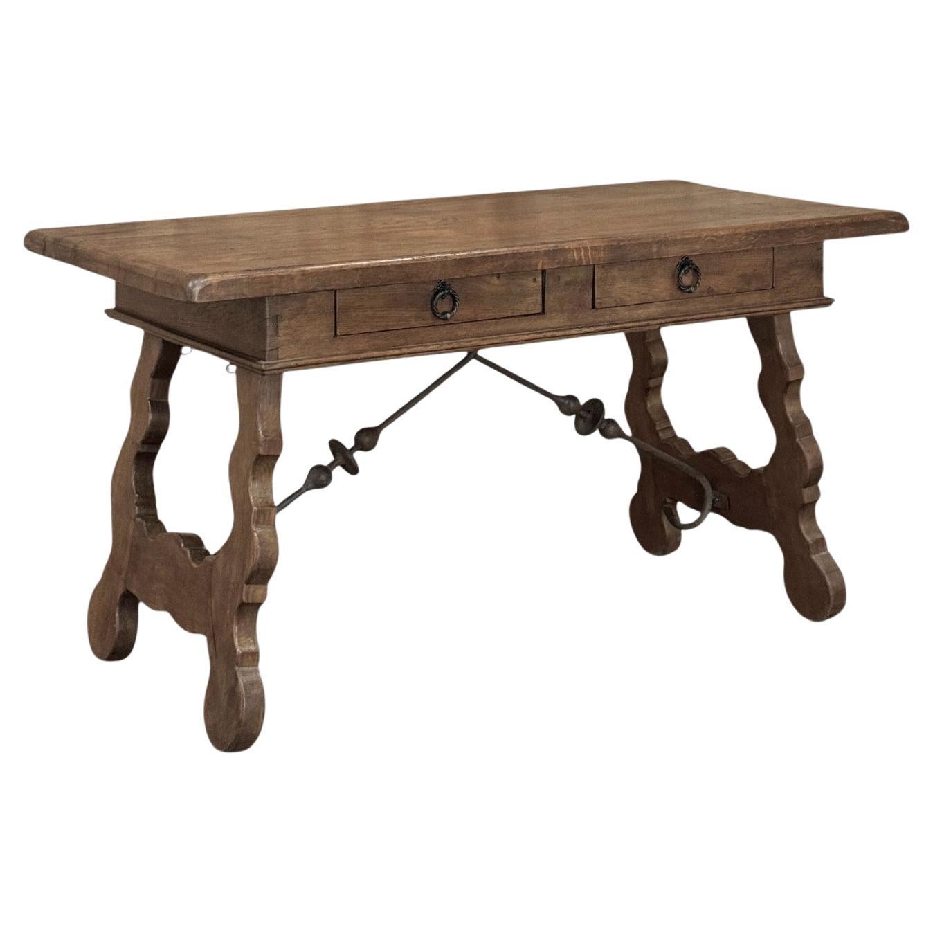 Vintage Spanish Style Two-Drawer Writing Table with Hand-Forged Iron Supports