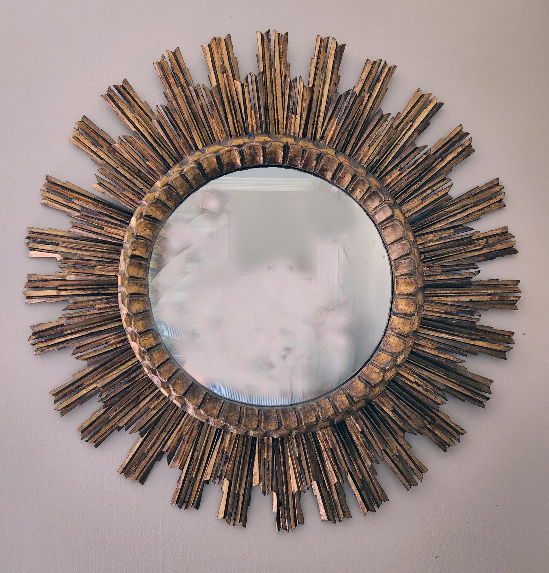 Mid-Century Modern Vintage Spanish Sunburst Circular Giltwood Mirror For Sale