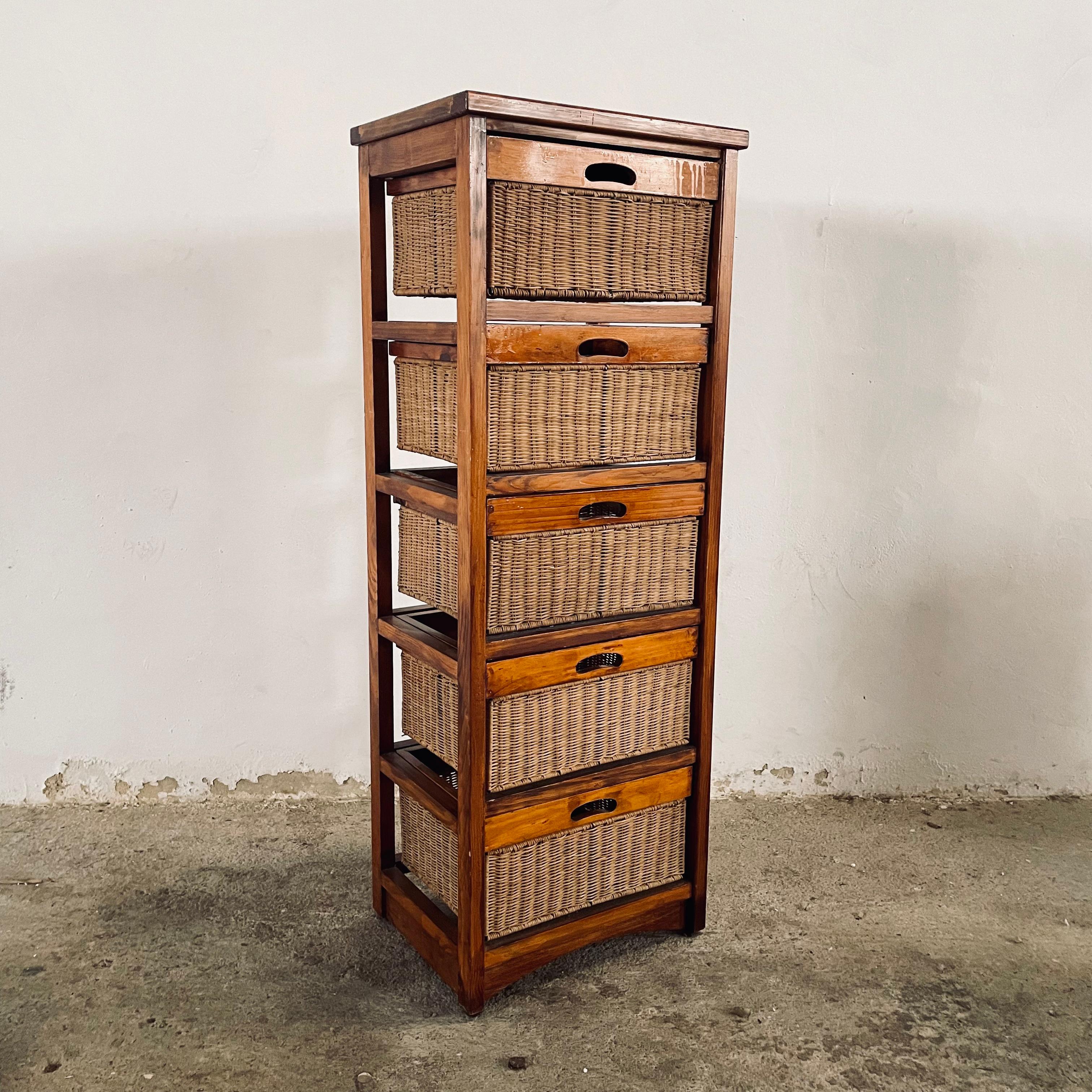 Vintage Bamboo and Rattan Chest of 5-Drawers in the style of Pencil Reed originally from Spain circa 1970s
This vintage item remains fully functional, it shows minor sign of age through scuffs, dings, faded finishes, minor surface defects, minimal