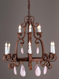 Vintage Spanish Two-Tier Iron Rose Quartz Crystal Chandelier, circa 1940