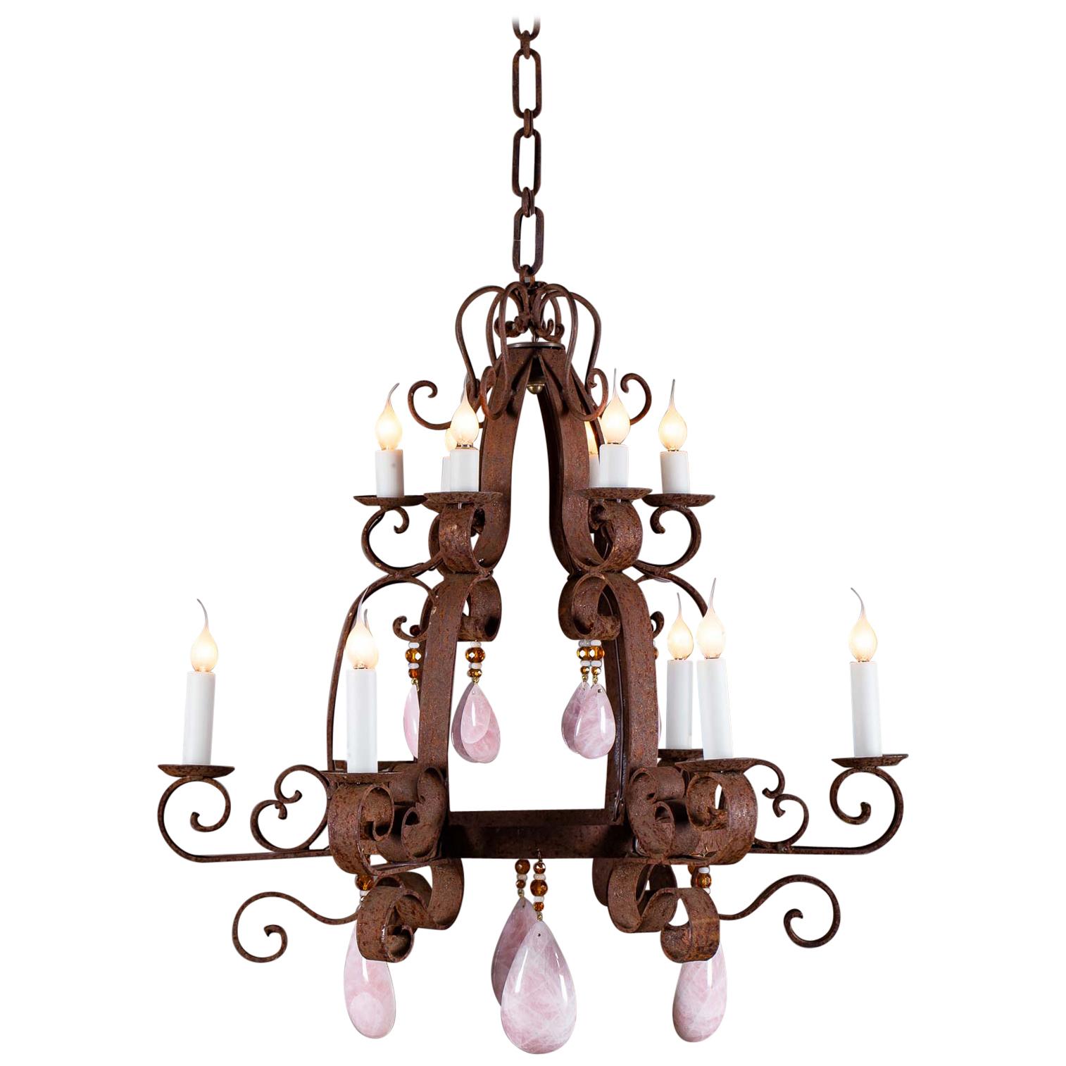 Vintage Spanish Two-Tier Iron Rose Quartz Crystal Chandelier, circa 1940 For Sale