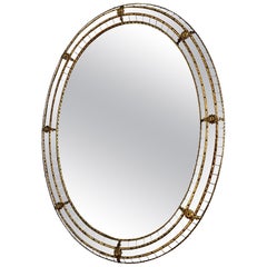 Vintage Spanish Venetian-Style Wall Mirror, Oval, Brass, 1980s Hollywood Regency