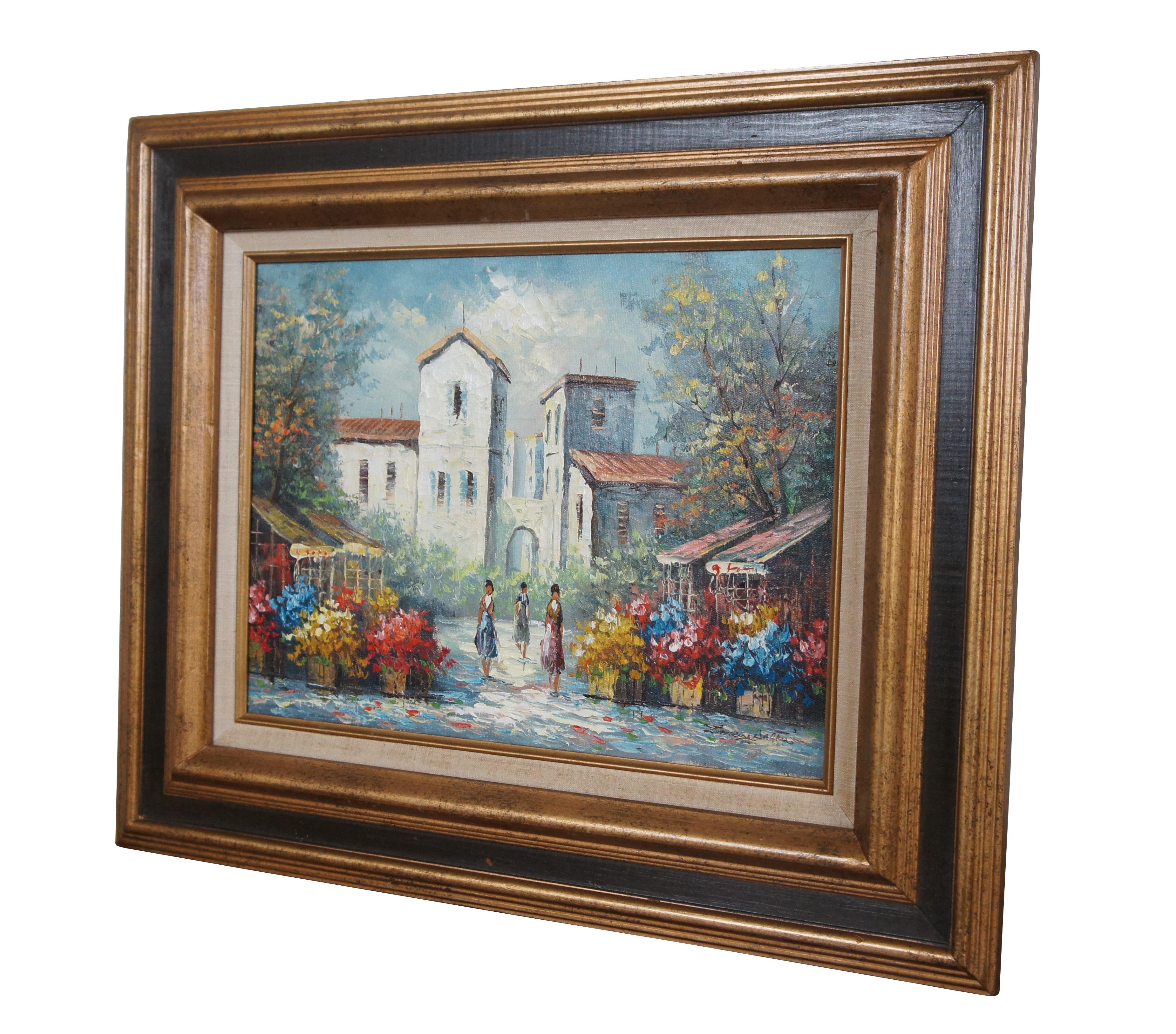 A lovely painting of a Spanish villa with figures and flowers.  Features a beautiful stucco home with clay tiled roof.  3 Figures are in the foreground between flowers.  The painting is signed lower right.

Dimensions:
23.75