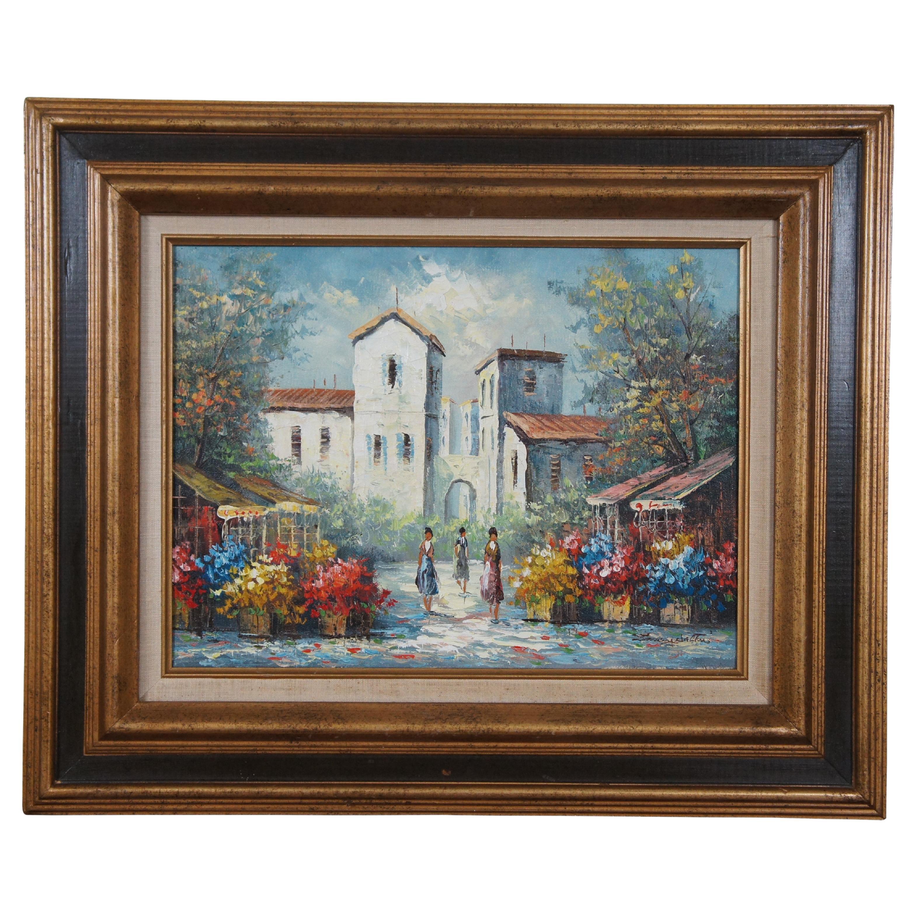 Vintage Spanish Villa Oil Painting On Canvas Figures & Flowers Signed Framed 24" For Sale