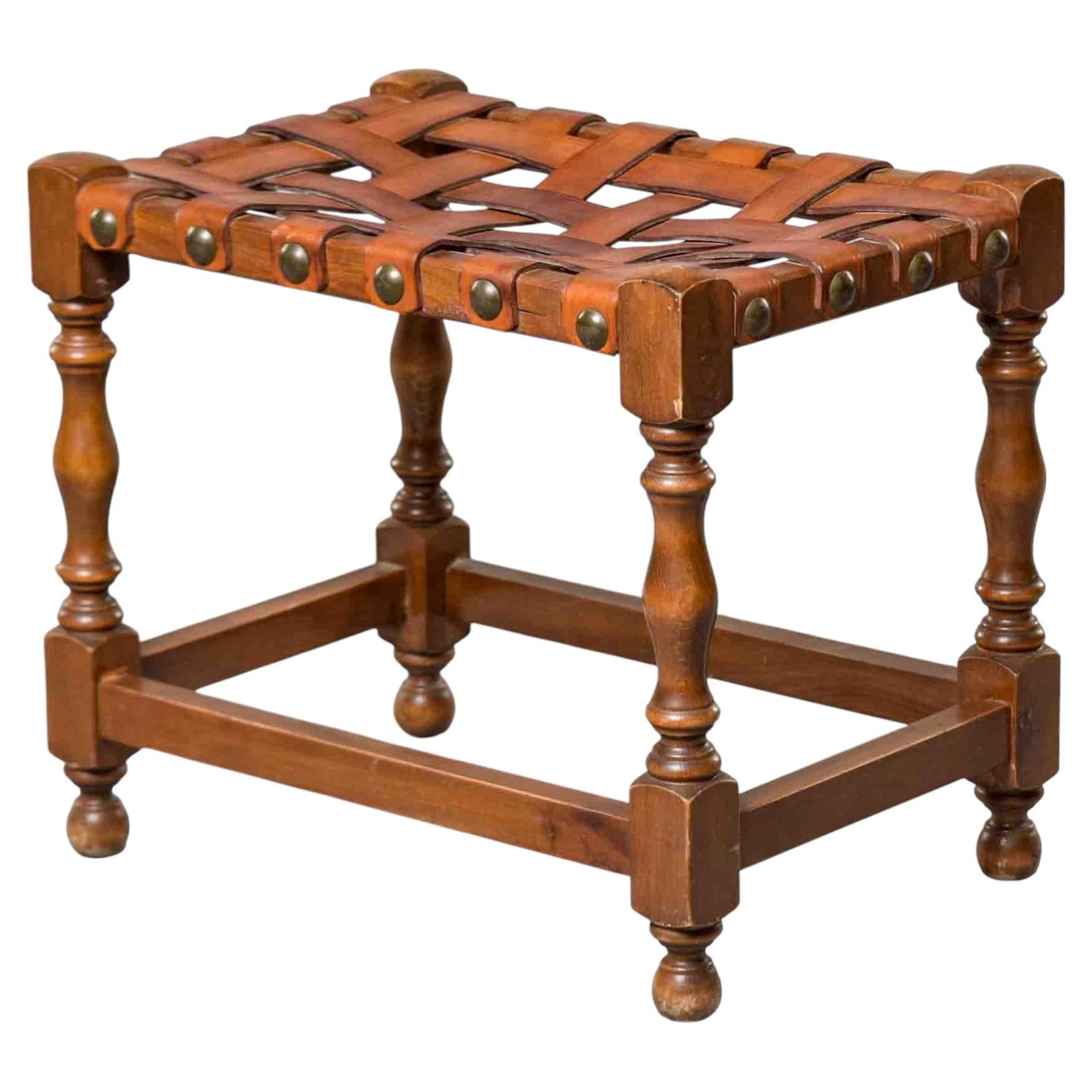 Vintage Spanish Walnut Stool with Woven Leather Seat and Brass Stud Detail