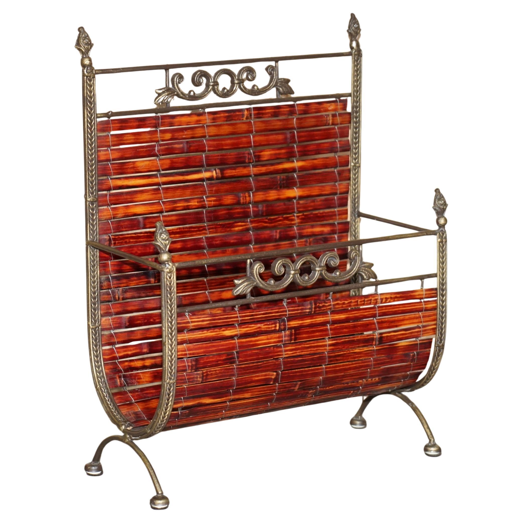 VINTAGE SPANISH WROUGHT TWISTED IRON & BAMBOO MAGAZiNE NEWSPAPER HOLDER OR RACK