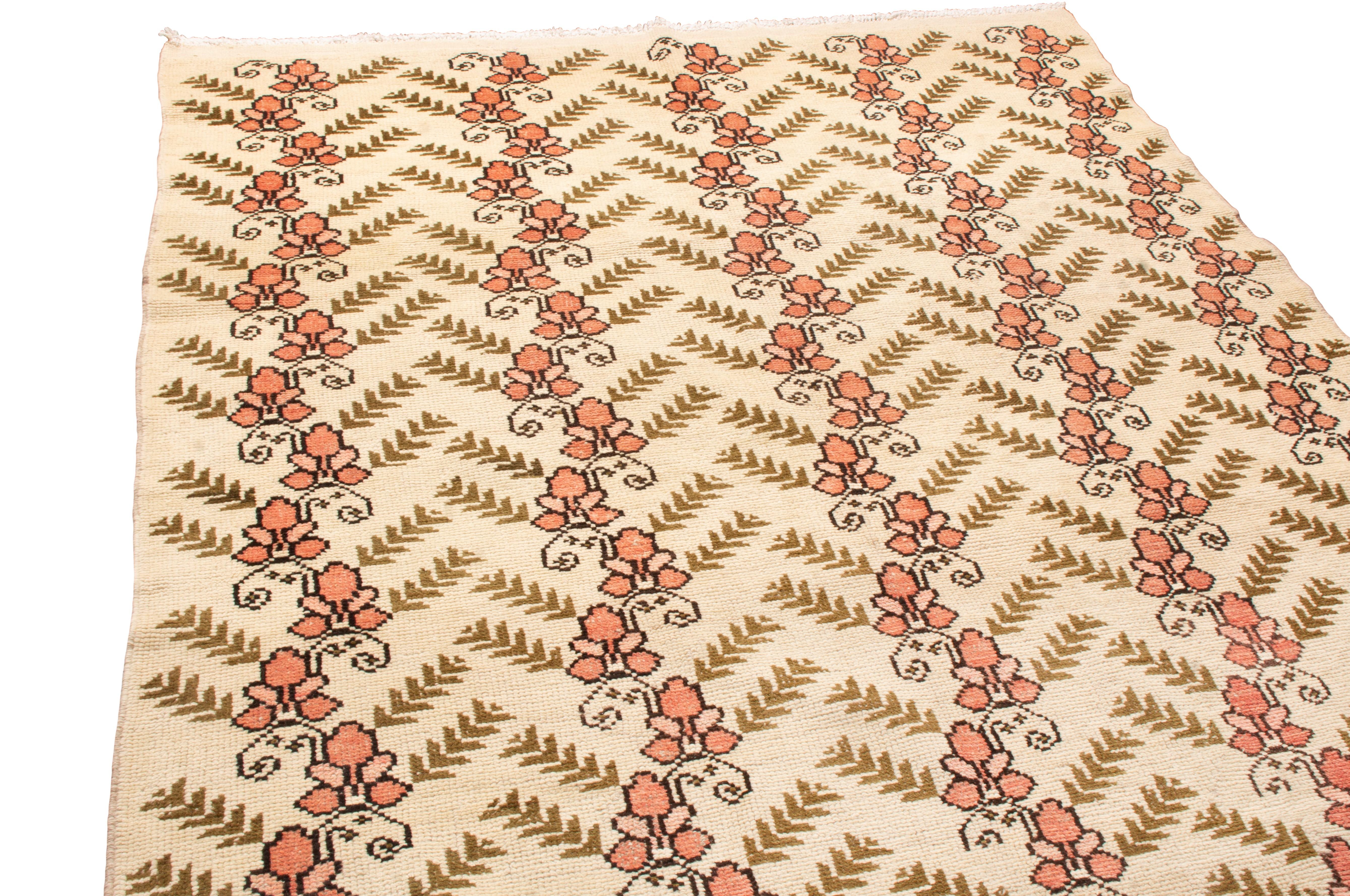 Originating from China in 1960, this vintage Sparta design wool rug employs a very uncommon contrast through color and texture together. Hand knotted in durable wool, the highly stylized blooming floral symbols in rustic pink are the only symbol in