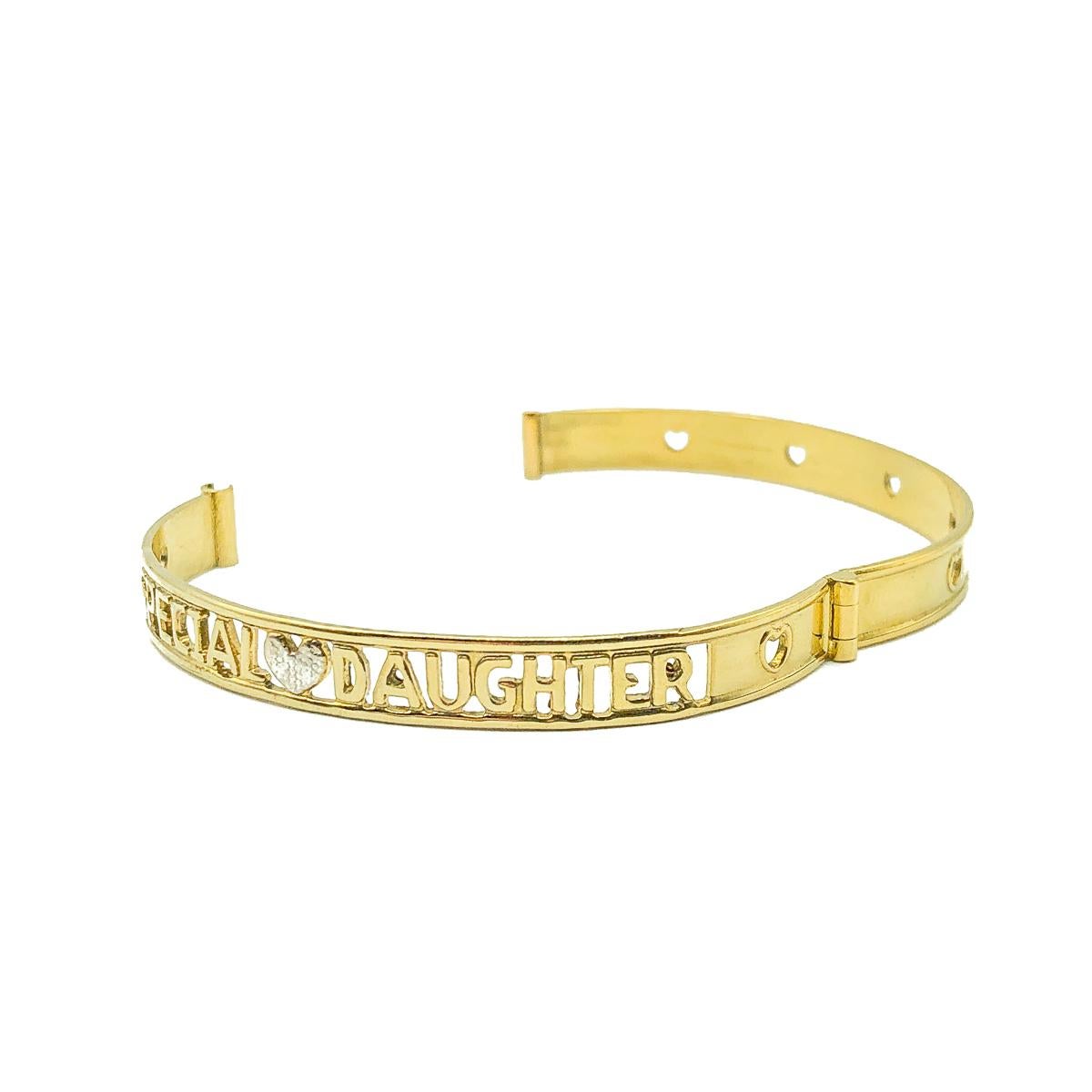 What fun ! A vintage Special Daughter Bracelet. Crafted in rolled gold. Rolled gold is created when sheets of gold encase a metal core, usually brass or copper. In very good vintage condition. Stamped Rolled Gold. Approx. 6.2cms inner diameter.