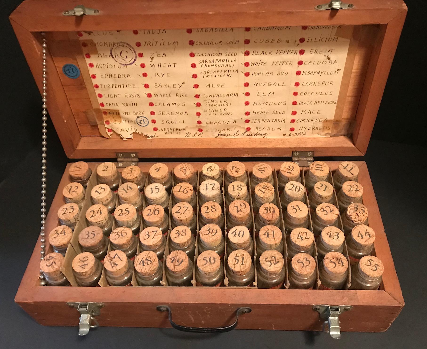 This box houses 55 vials of nature’s essences and curiosities.  Numerous herbs, seeds, grains, roots, spices and the like are collected here.  Names and numbers are hand written on the original paper labels of each vial and also catalogued under the