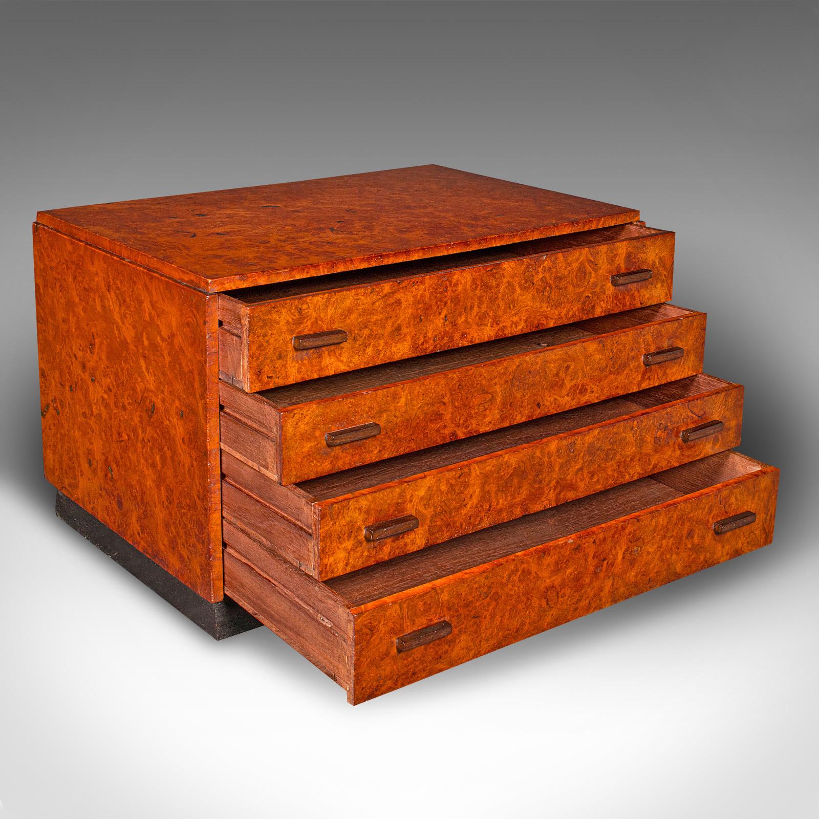 This is a vintage specimen collector's chest of drawers. A French, solid walnut four drawer executive desk box, dating to the Art Deco period, circa 1930.

Exceptional figuring and fine colour enhance this striking set of drawers
Displays a
