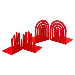 Vintage Spectrum Designs Red Enameled Post-Modern Steel Bookends, Two Pairs