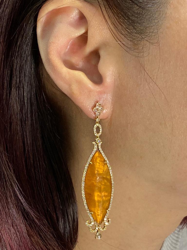 Marquise Cut Vintage Spessartite Orange Quartz Doublet Dangle Earrings in 18k Yellow Gold For Sale