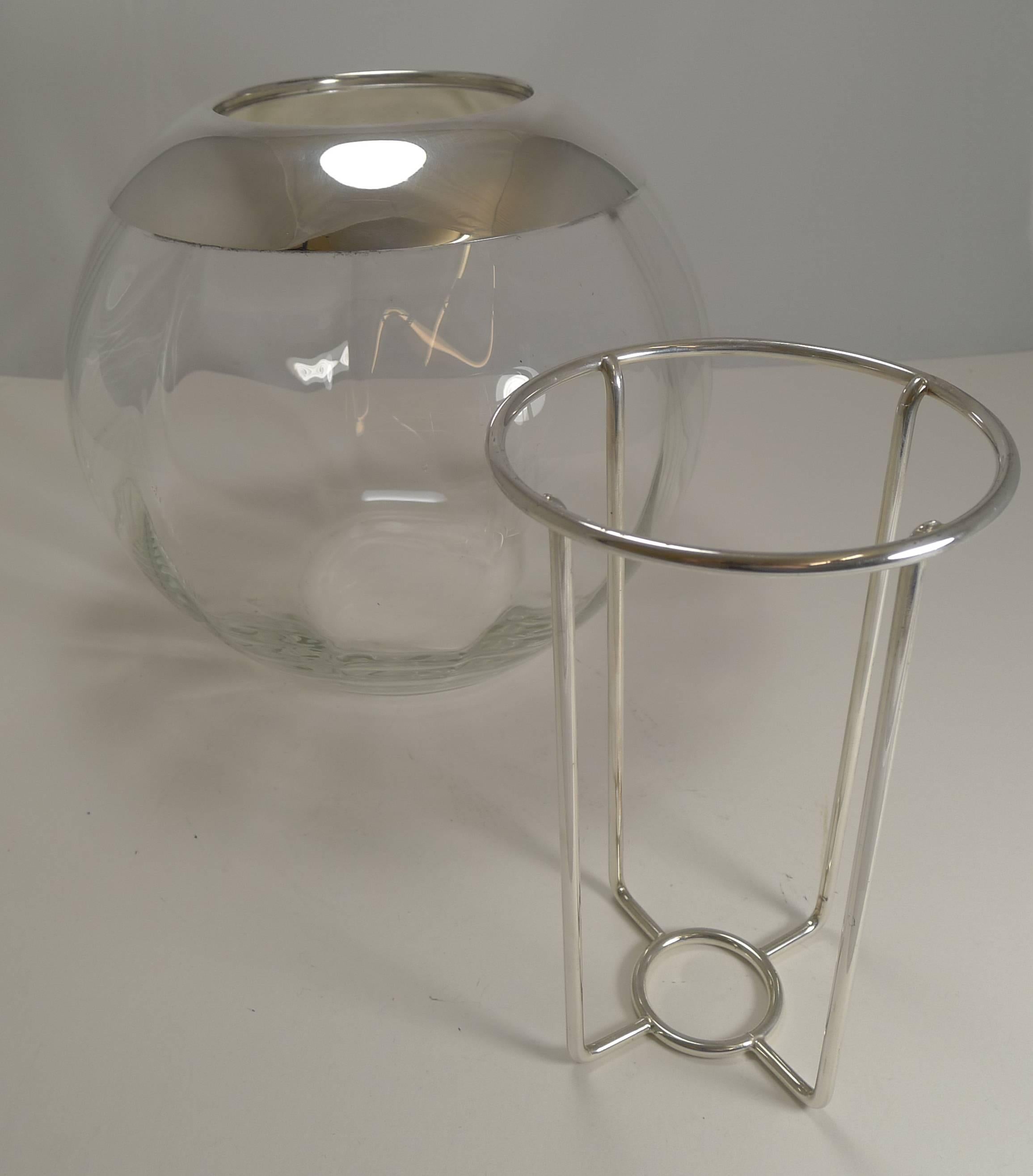 French Vintage Spherical Glass and Silver Plate Champagne Cooler by St. Hilaire, Paris