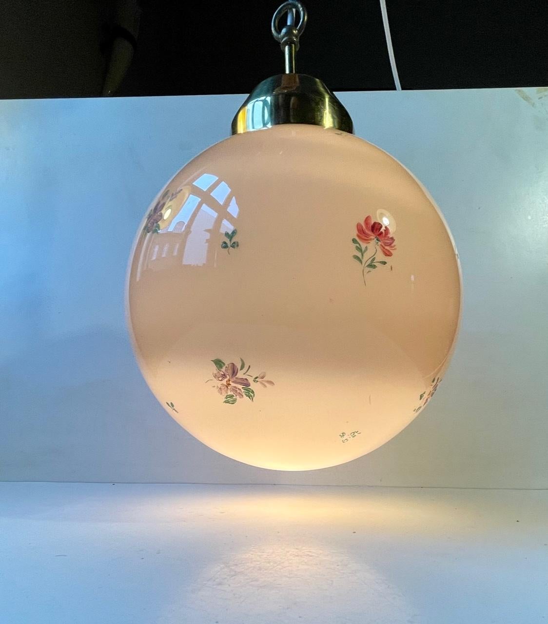 Art Deco Vintage Spherical Italian Pendant Lamp in Rose Opaline Glass & Brass