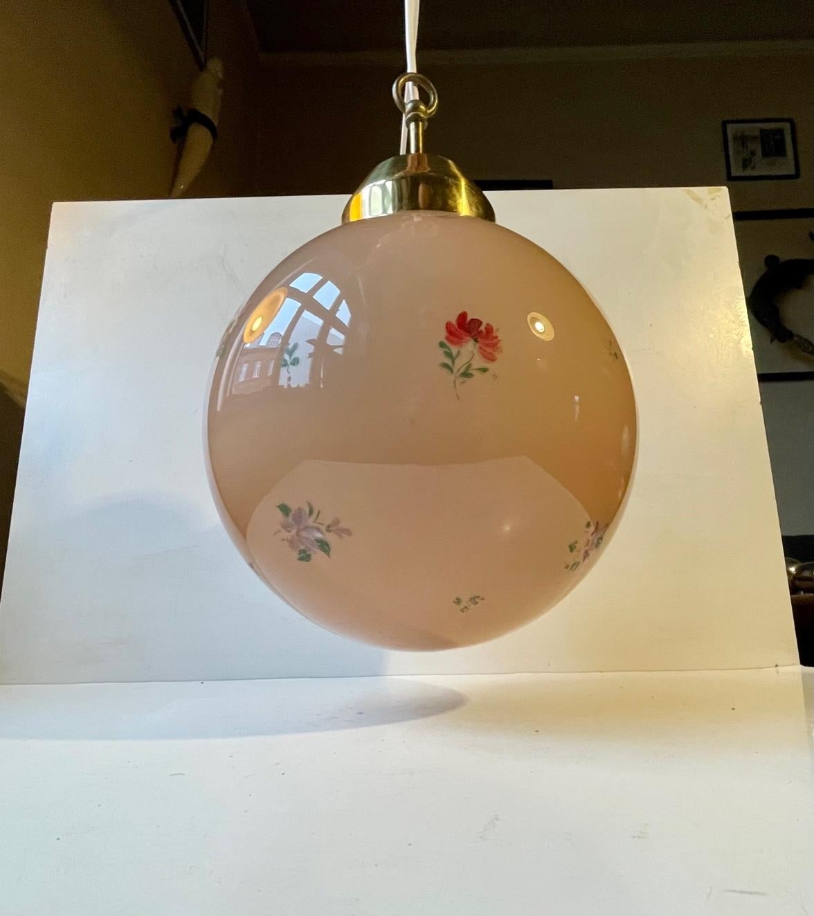 Vintage Spherical Italian Pendant Lamp in Rose Opaline Glass & Brass 1