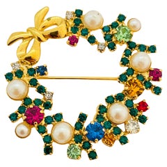 Vintage SPHINX gold pearl rhinestone wreath brooch designer