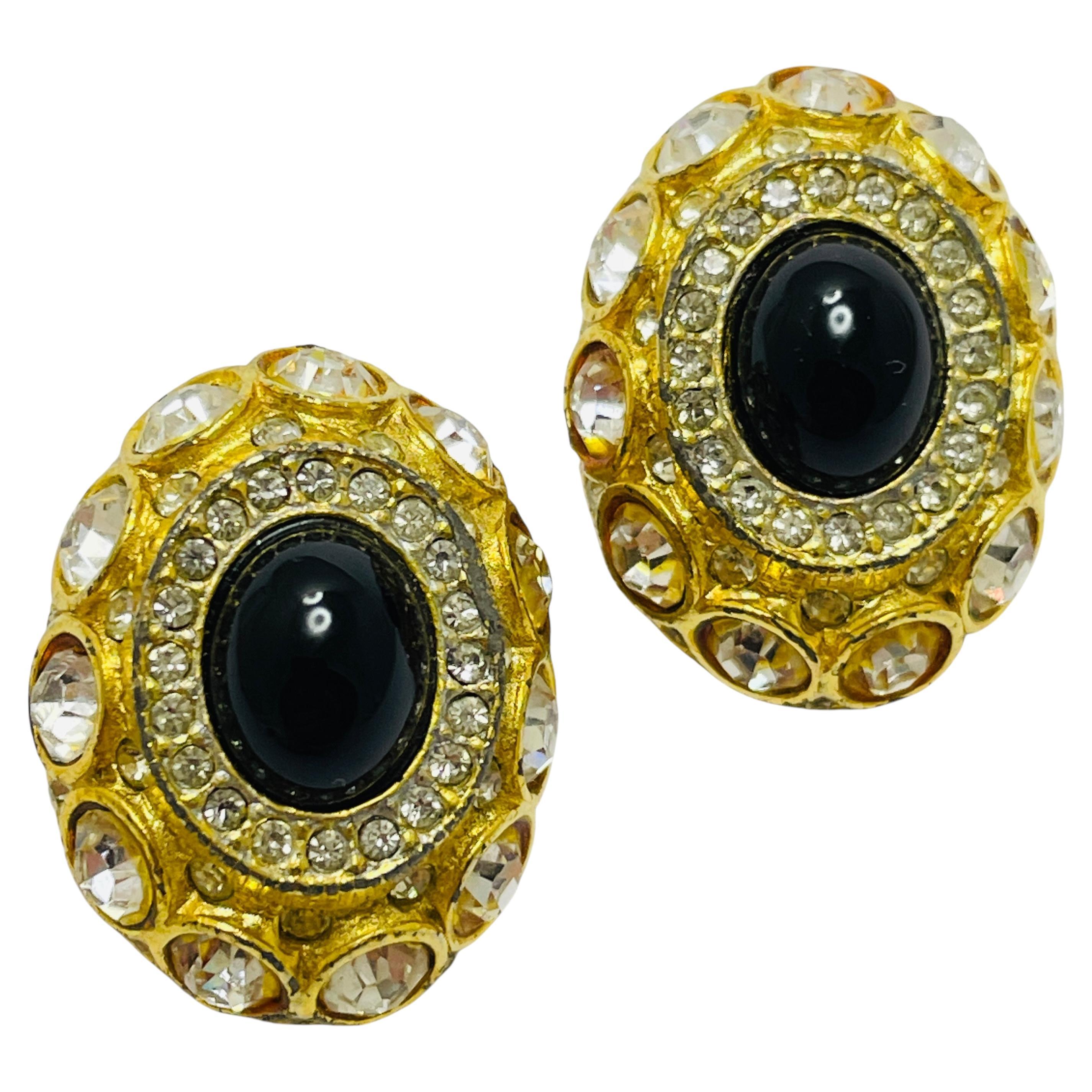 Vintage SPHINX signed gold tone massive glass designer runway clip on earrings For Sale