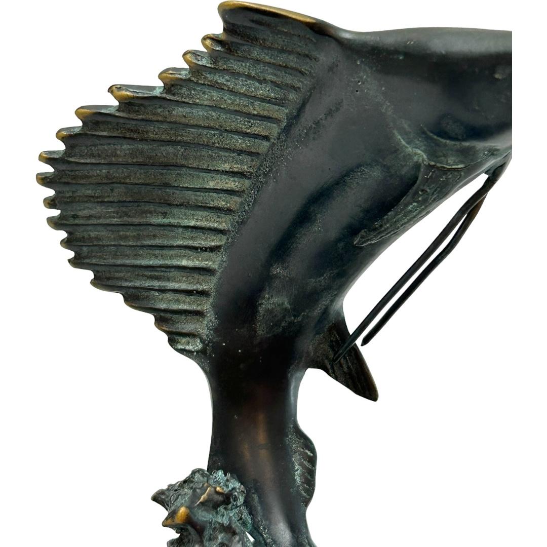 Hand-Crafted Vintage SPI Home Brass & Marble Tail Walker Sailfish Sculpture For Sale