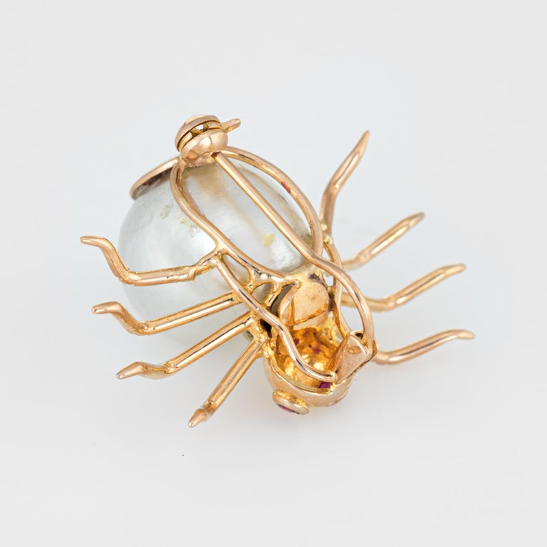Vintage Spider Brooch Pendant 14 Karat Gold Baroque Pearl Ruby Eyes Jewelry